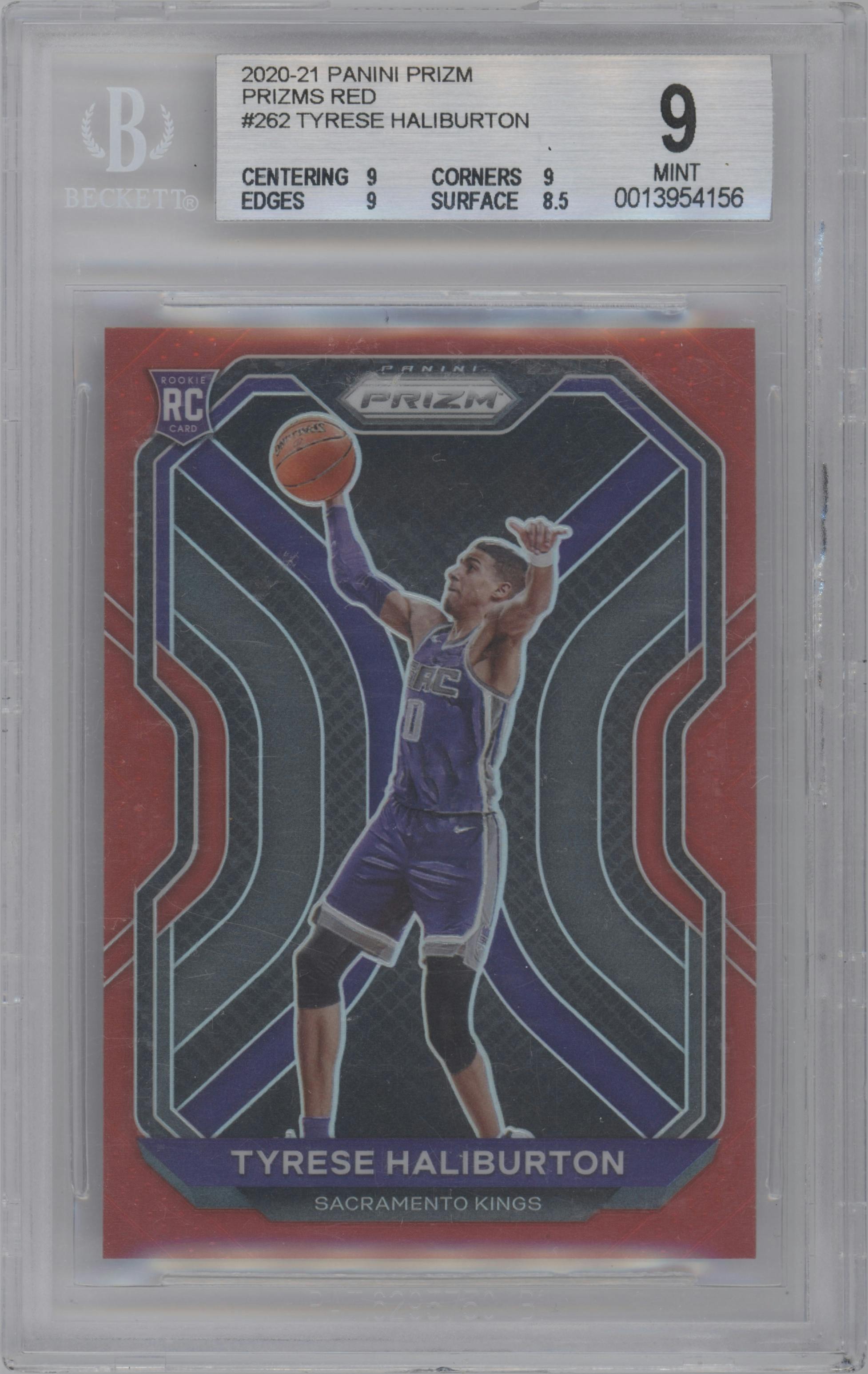 Tyrese Haliburton from the 2020-21 Panini Prizm set featuring a Red Prizm parallel graded by Beckett and given an overall grade of 9.