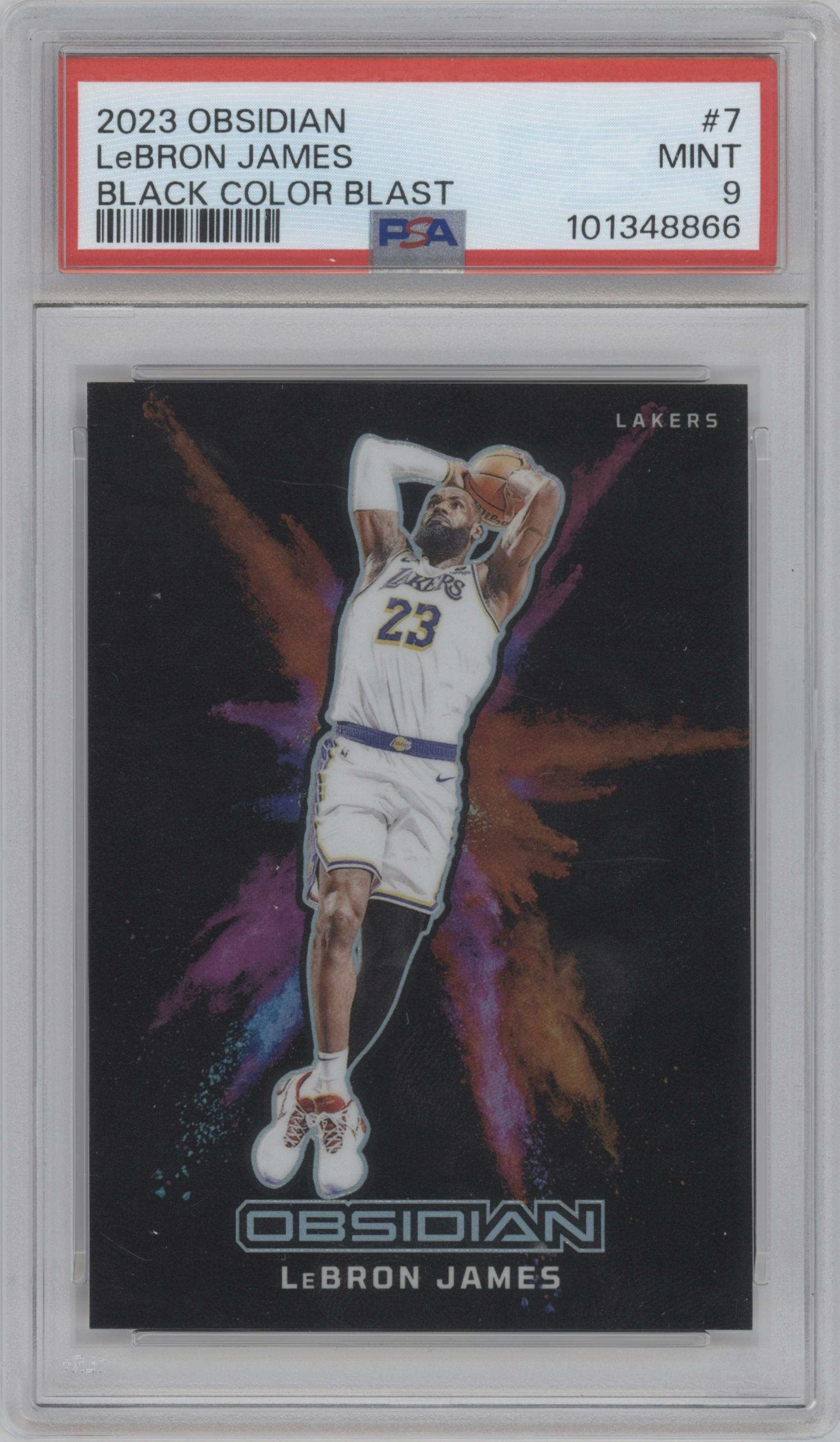 LeBron James from the 2023-24 Panini Obsidian set graded by PSA and given an overall grade of 9.