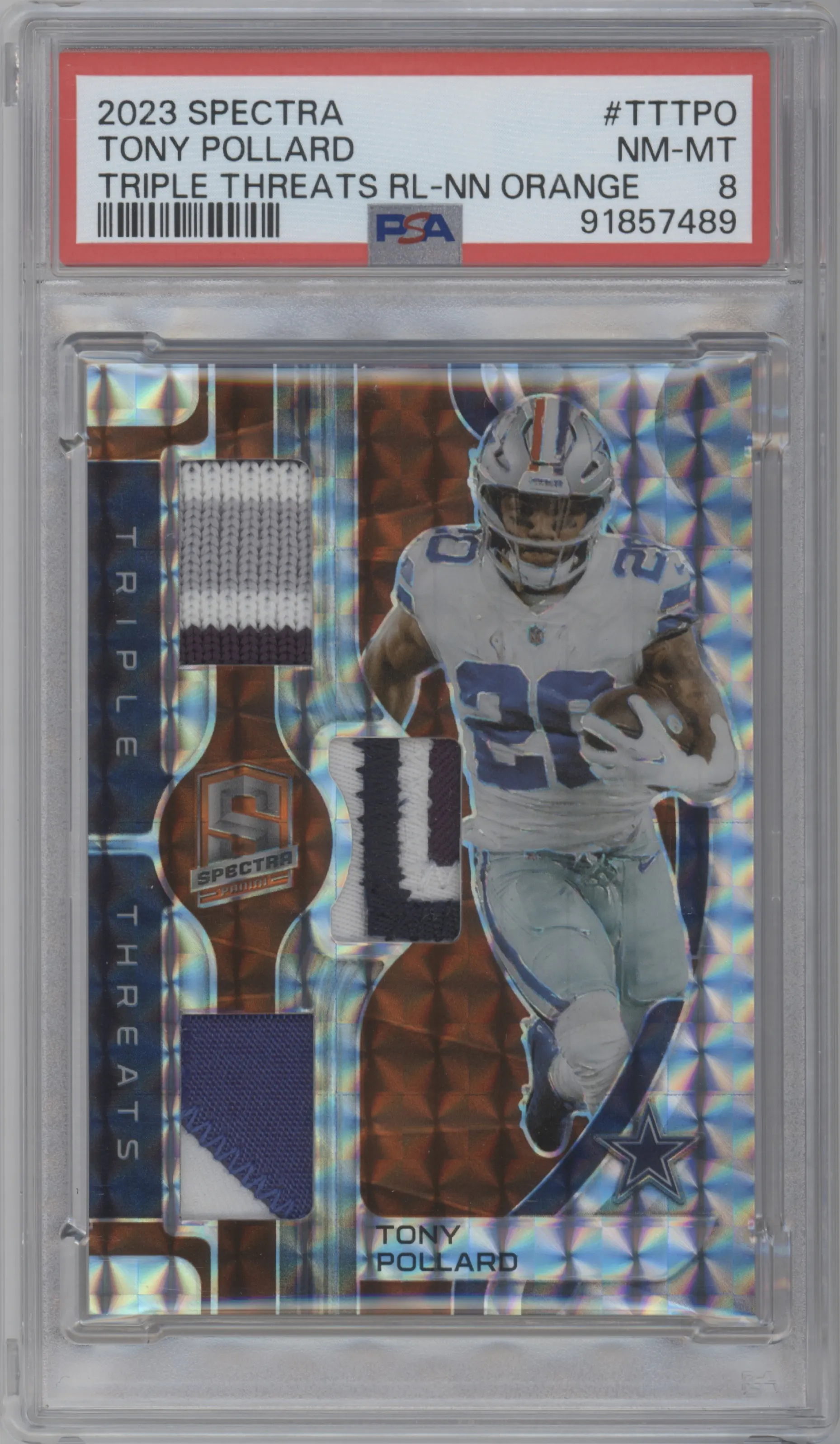 2023 Panini Spectra Triple Threats Tony Pollard Neon Orange PSA 8