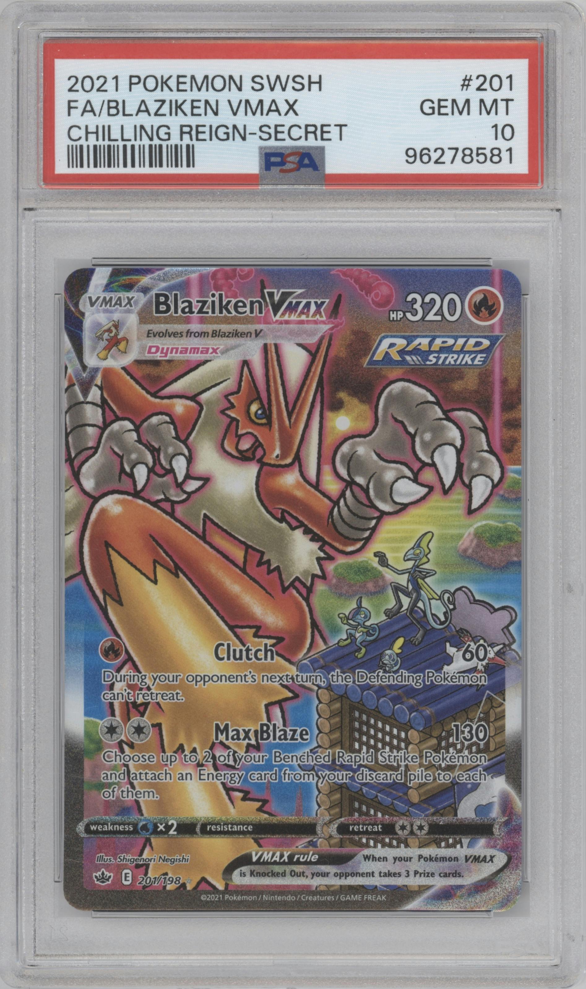 Blaziken VMAX from the 2021 Pokemon SWSH set graded by PSA and given an overall grade of 10.