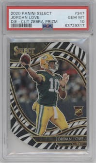 Jordan Love from the 2020 Panini Select set featuring a Die-Cut Zebra parallel graded by PSA and given an overall grade of 10.