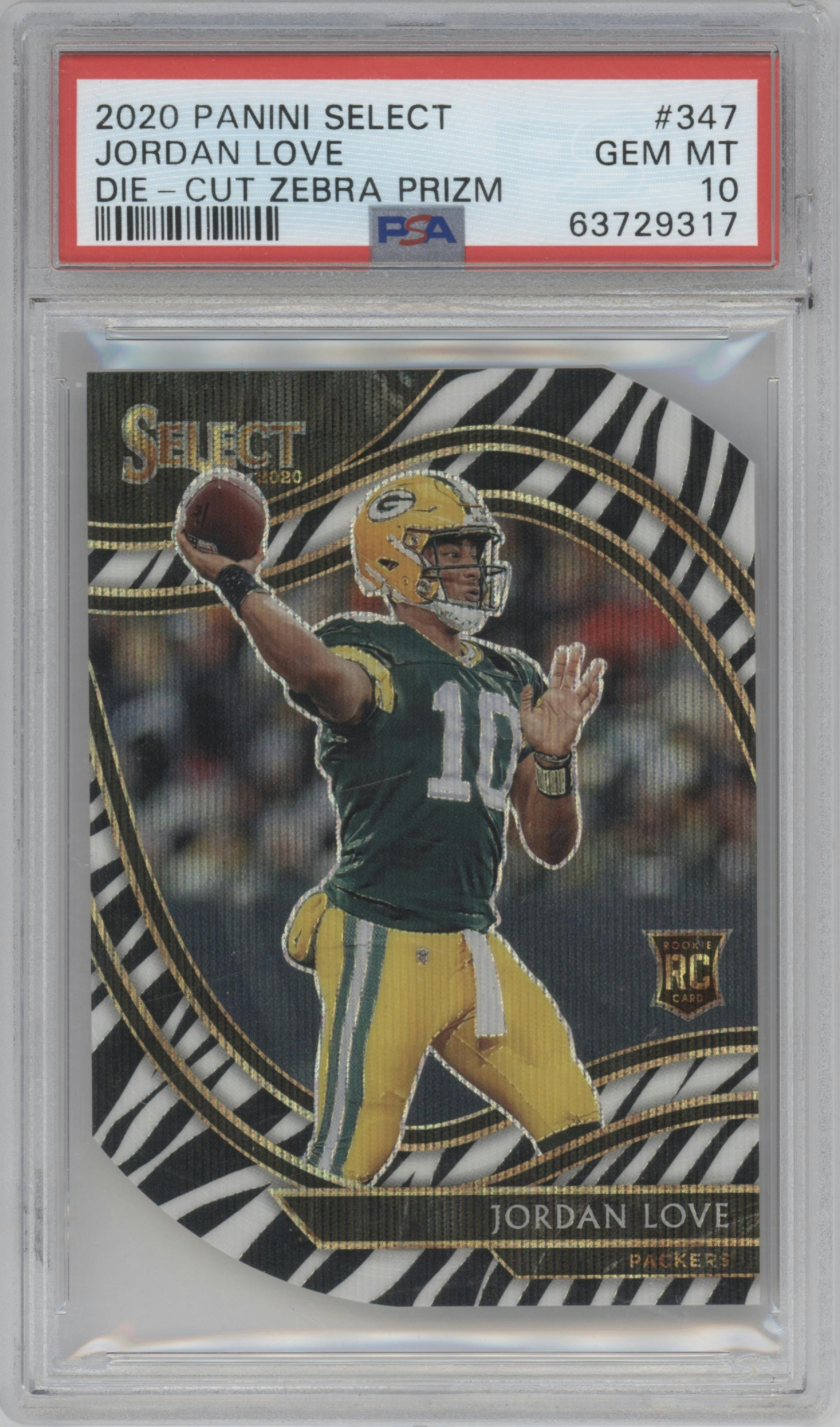 Jordan Love from the 2020 Panini Select set featuring a Die-Cut Zebra parallel graded by PSA and given an overall grade of 10.