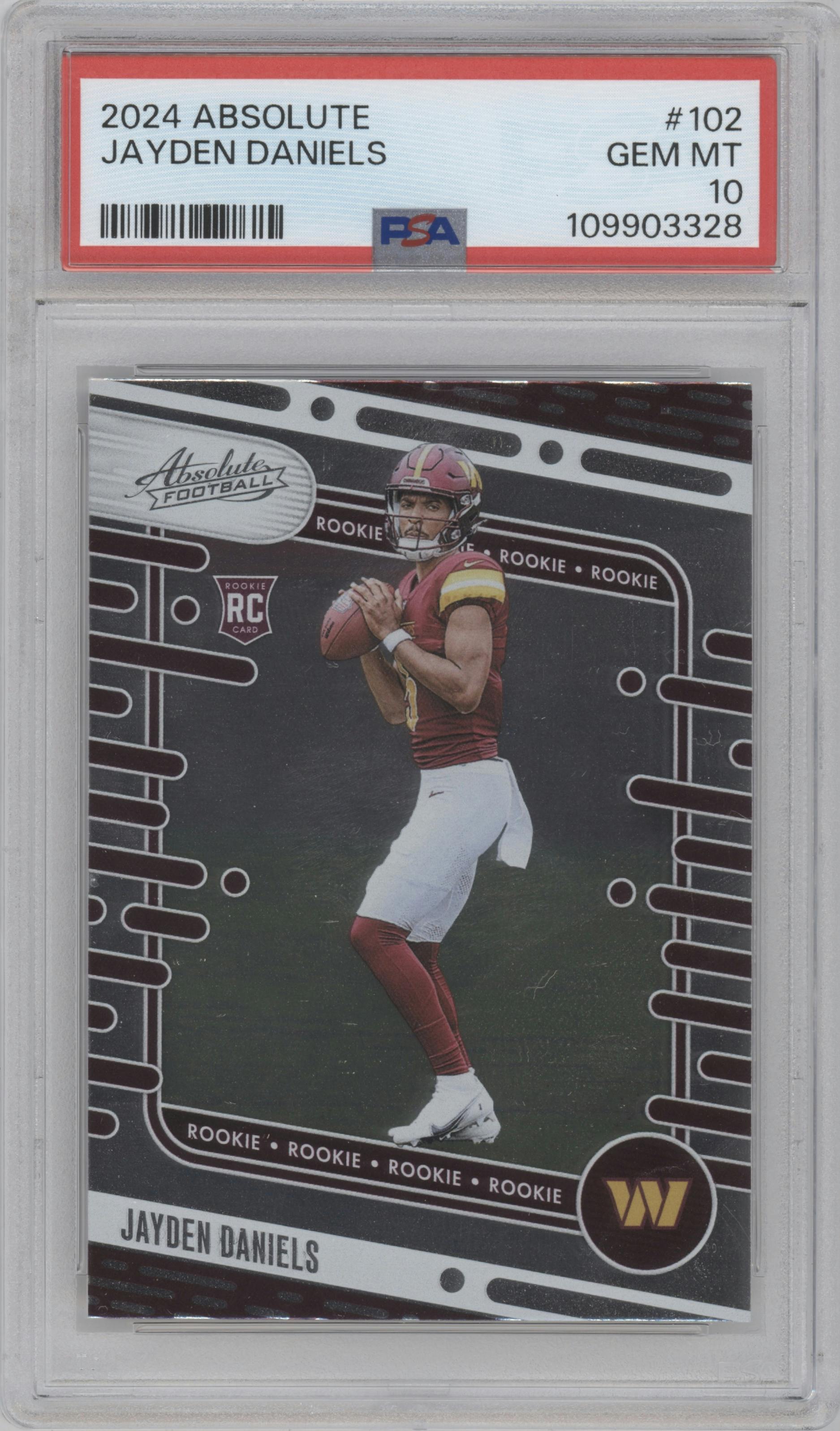 Jayden Daniels from the 2024 Panini Absolute set graded by PSA and given an overall grade of 10.