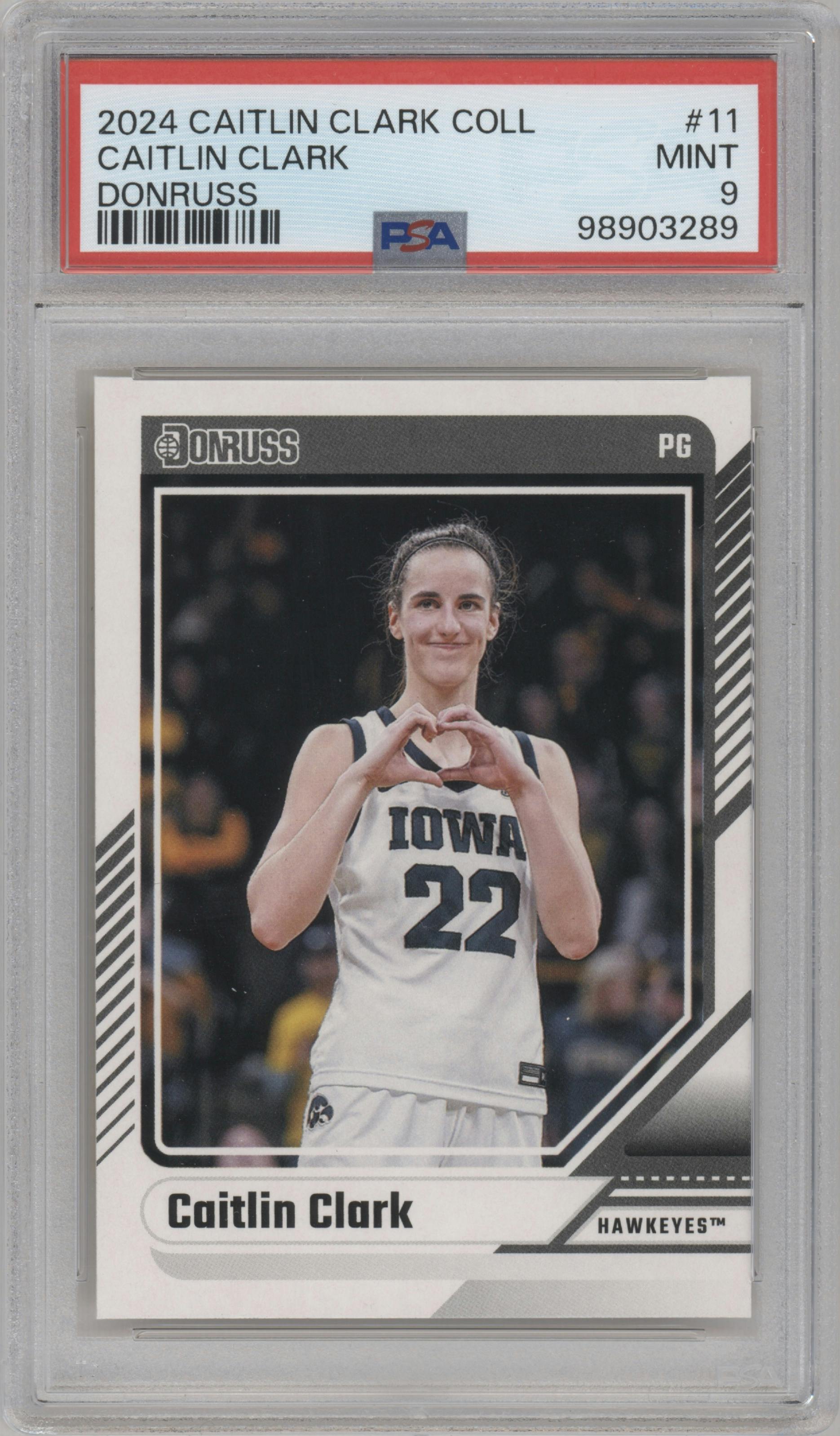Caitlin Clark from the 2024 Panini Caitlin Clark Collection set graded by PSA and given an overall grade of 9.