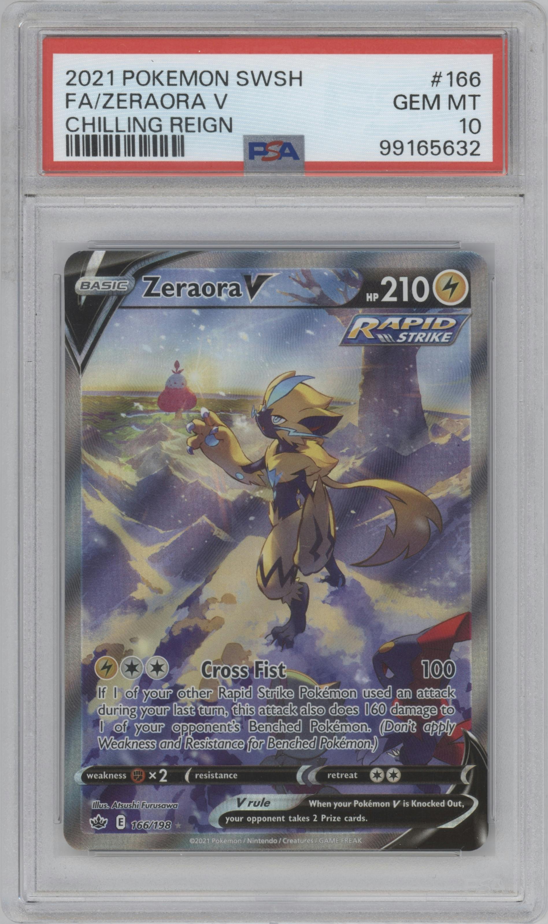 Zeraora V from the 2021 Pokemon SWSH set graded by PSA and given an overall grade of 10.
