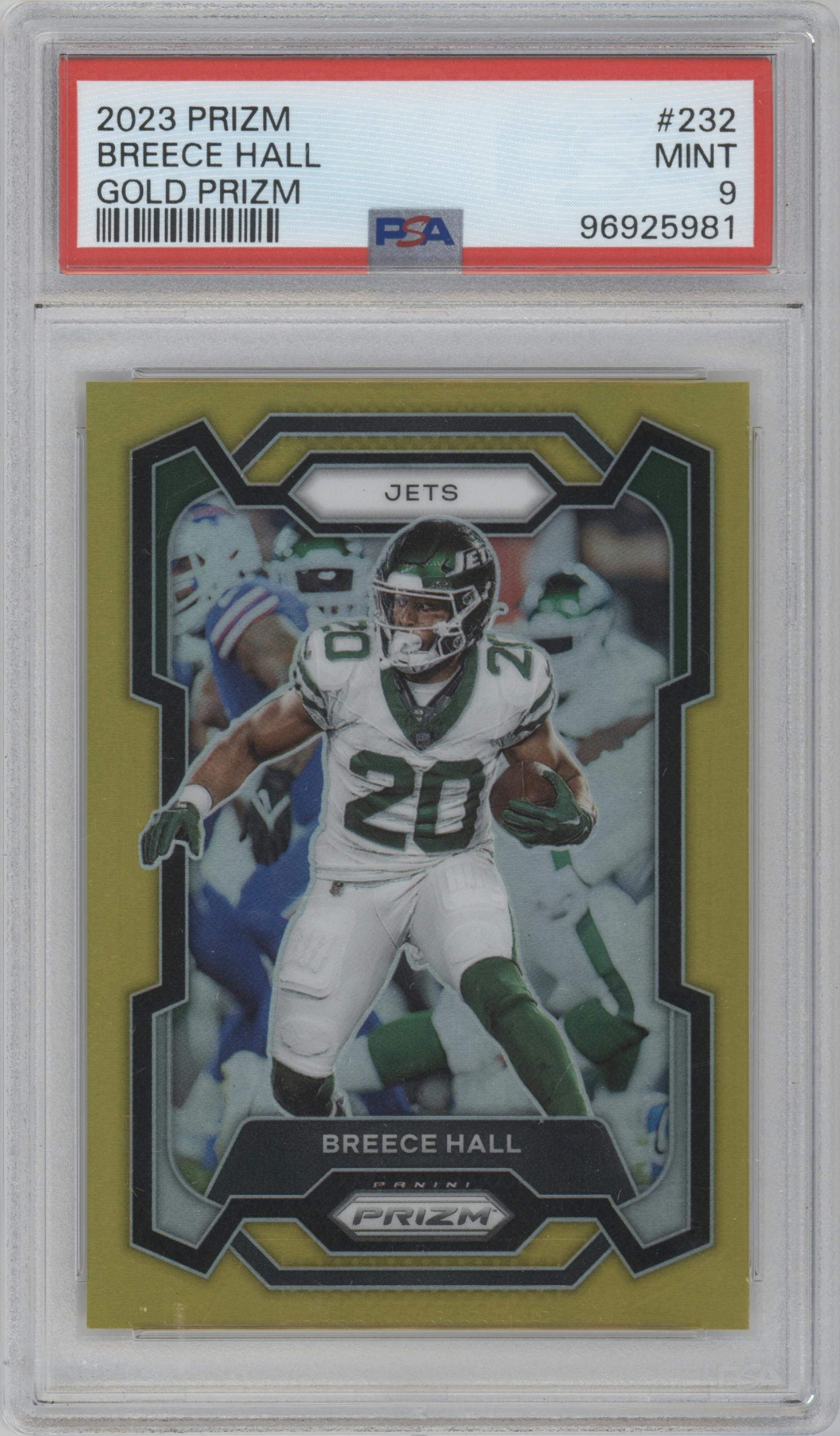 Breece Hall from the 2023 Panini Prizm set featuring a Gold Prizm parallel graded by PSA and given an overall grade of 9.