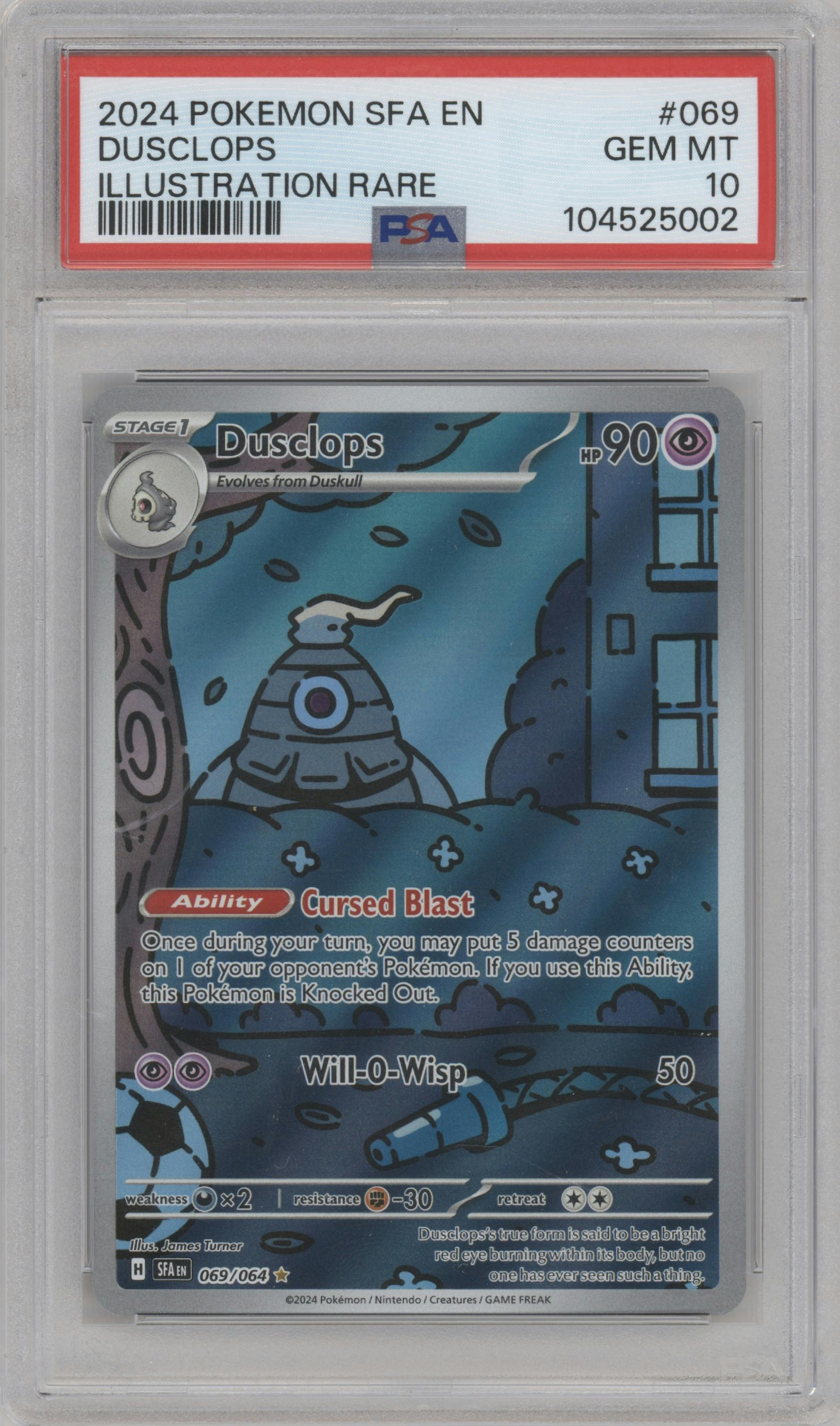 Dusclops from the 2024 Pokemon SV set graded by PSA and given an overall grade of 10.
