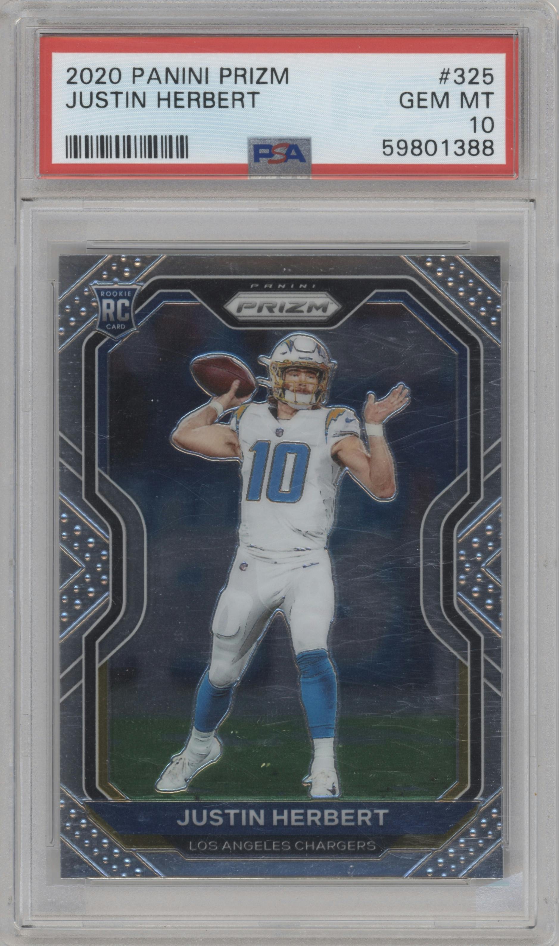 Justin Herbert from the 2020 Panini Prizm set graded by PSA and given an overall grade of 10.
