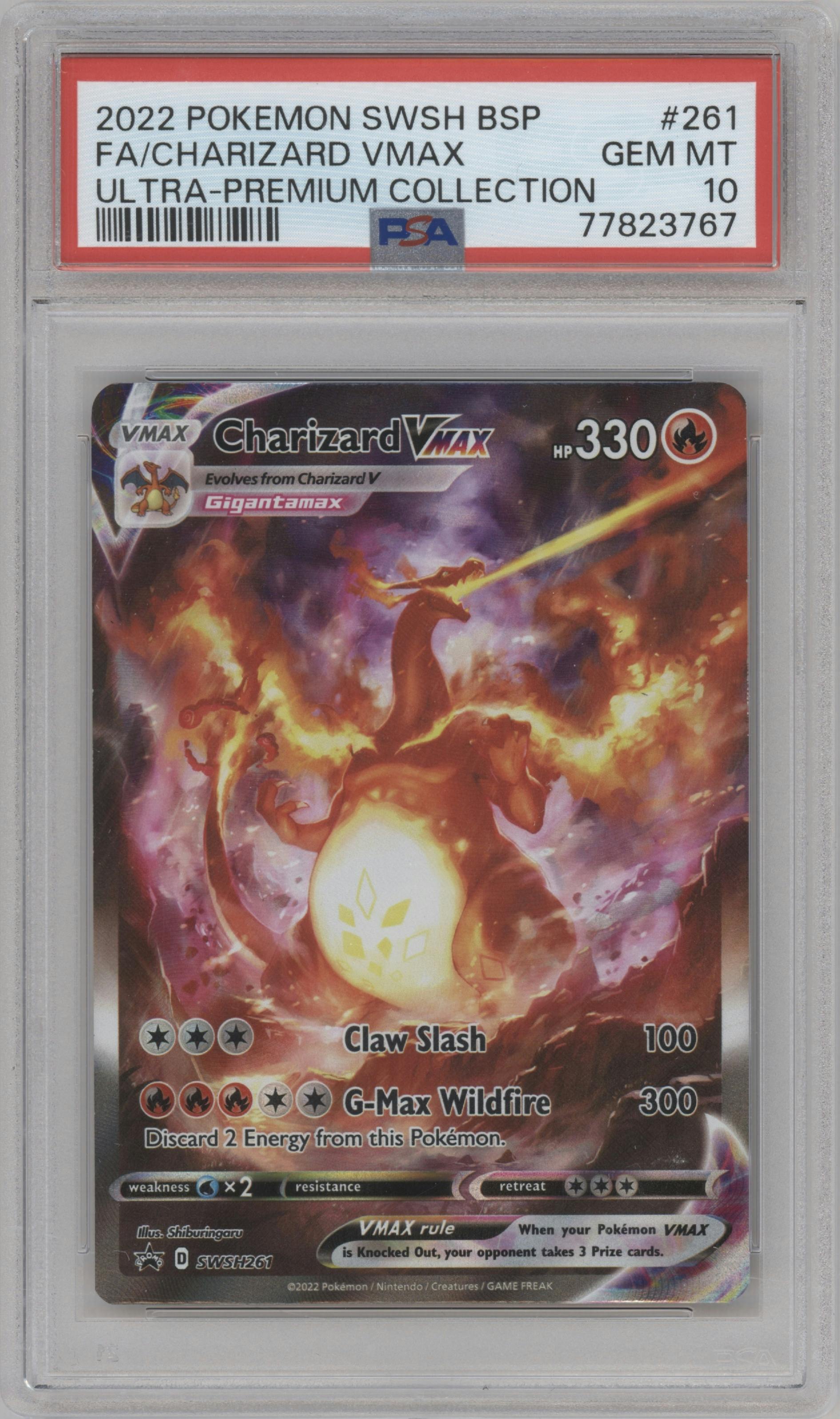Charizard VMAX  from the 2022 Pokemon SWSH set featuring a Ultra Premium Collection parallel graded by PSA and given an overall grade of 10.