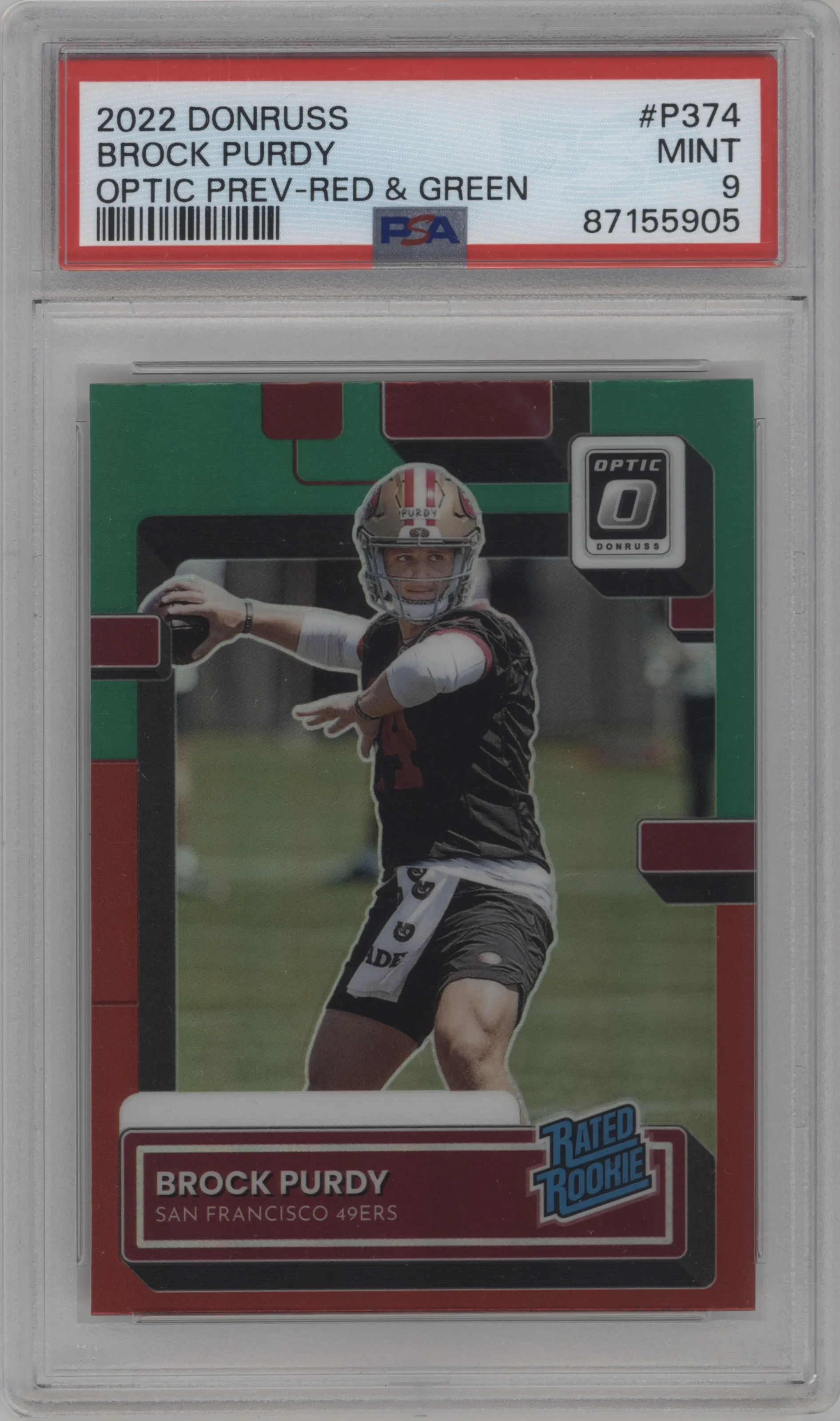 2022 Panini Donruss Optic.Rtd.Rke.Pre. Brock Purdy Red & Green PSA 9