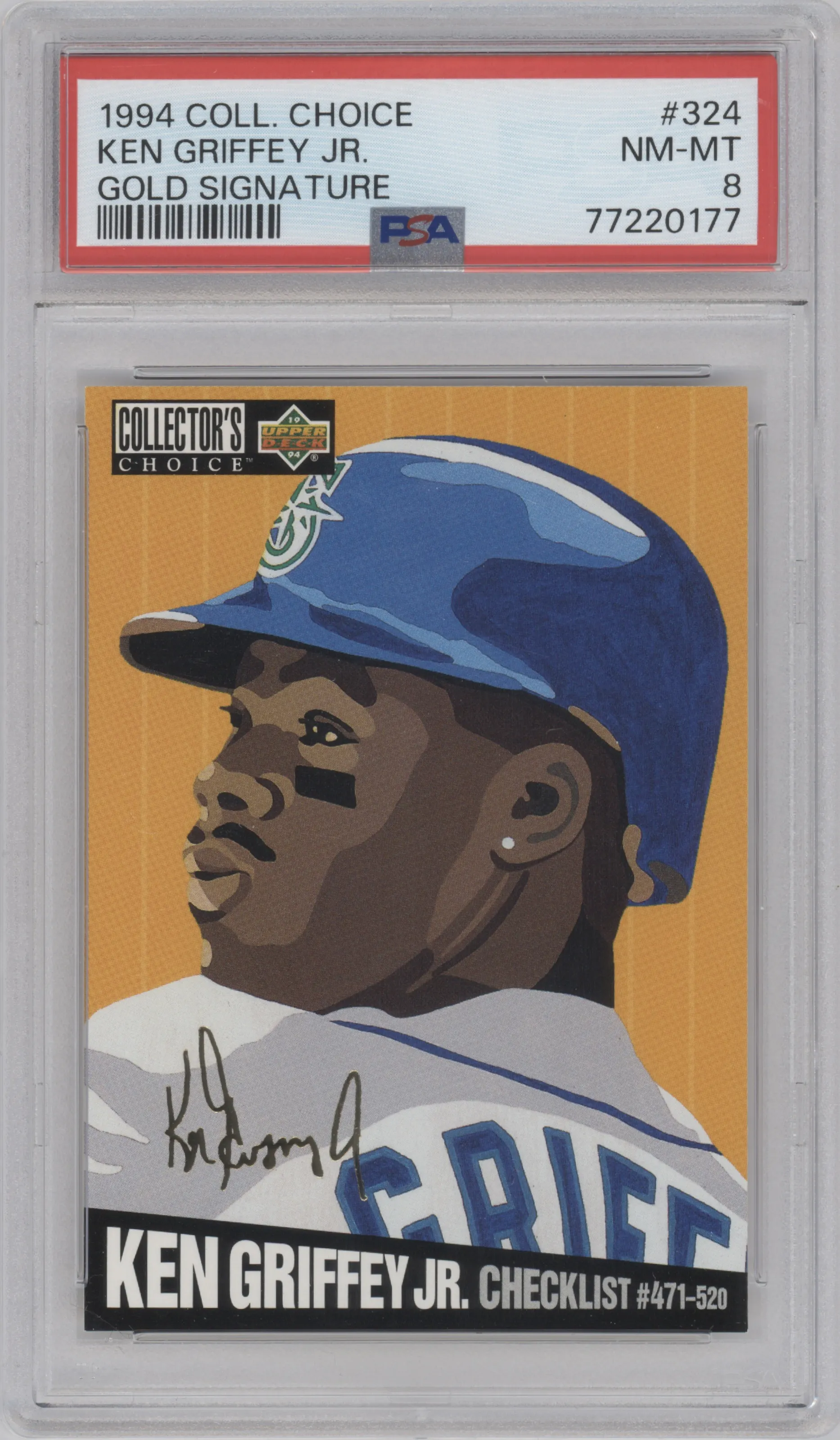 Ken Griffey Jr. from the 1994 Upper Deck Collector’s Choice set graded by PSA and given an overall grade of 8.