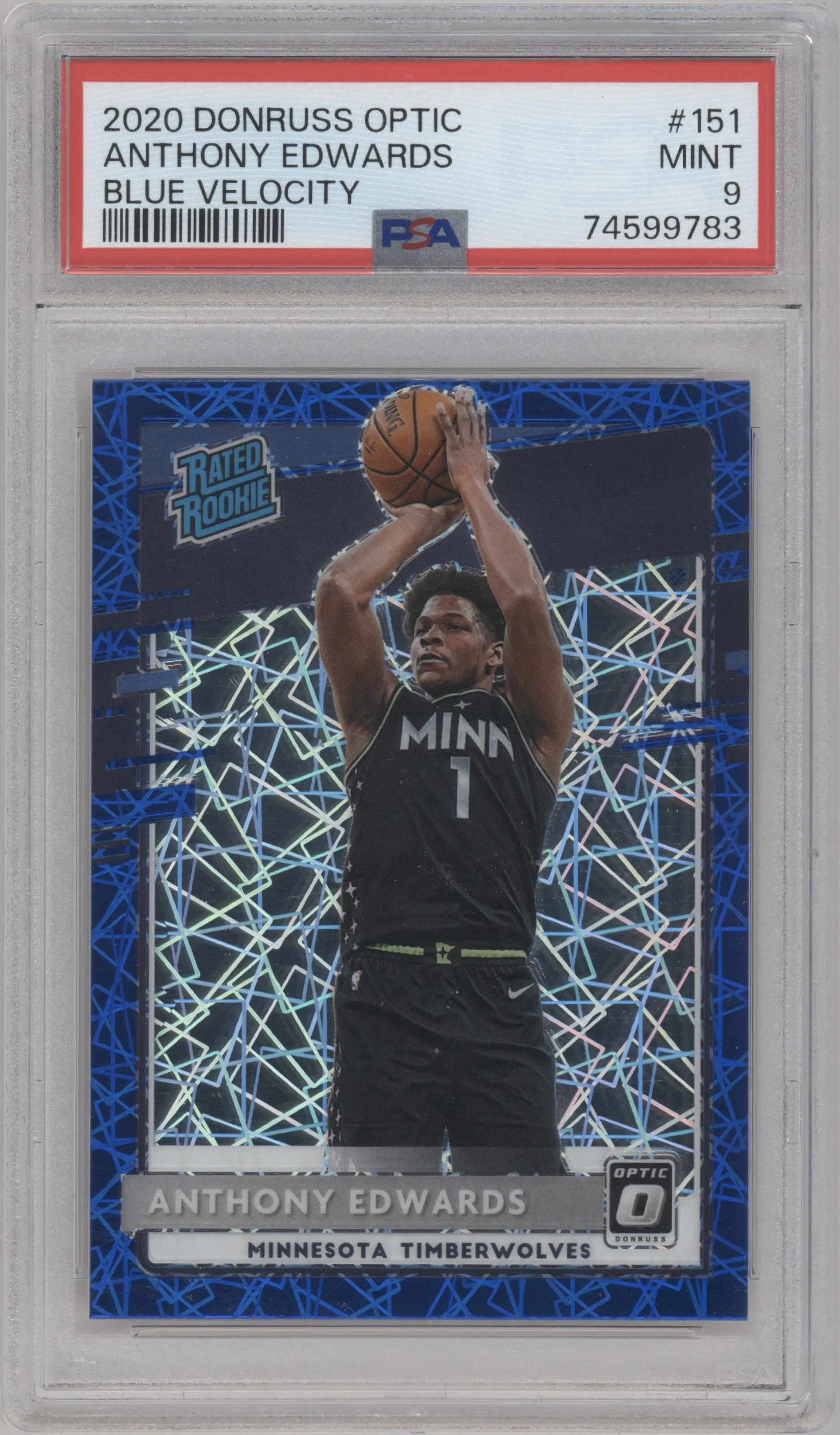2020 Panini Donruss Optic Rated Rookie Anthony Edwards Blue Velocity PSA 9
