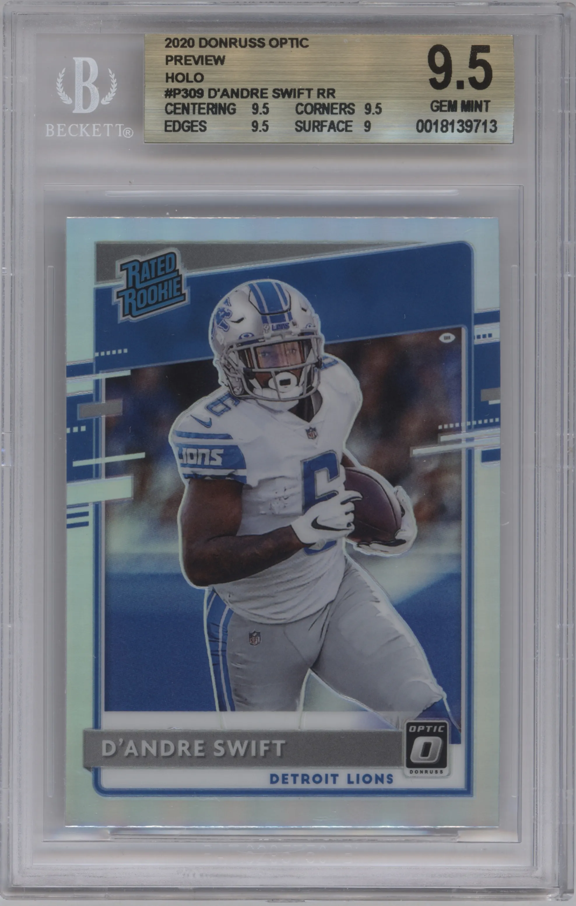 D'Andre Swift from the 2020 Panini Donruss set featuring a Holo parallel graded by Beckett and given an overall grade of 9.5.
