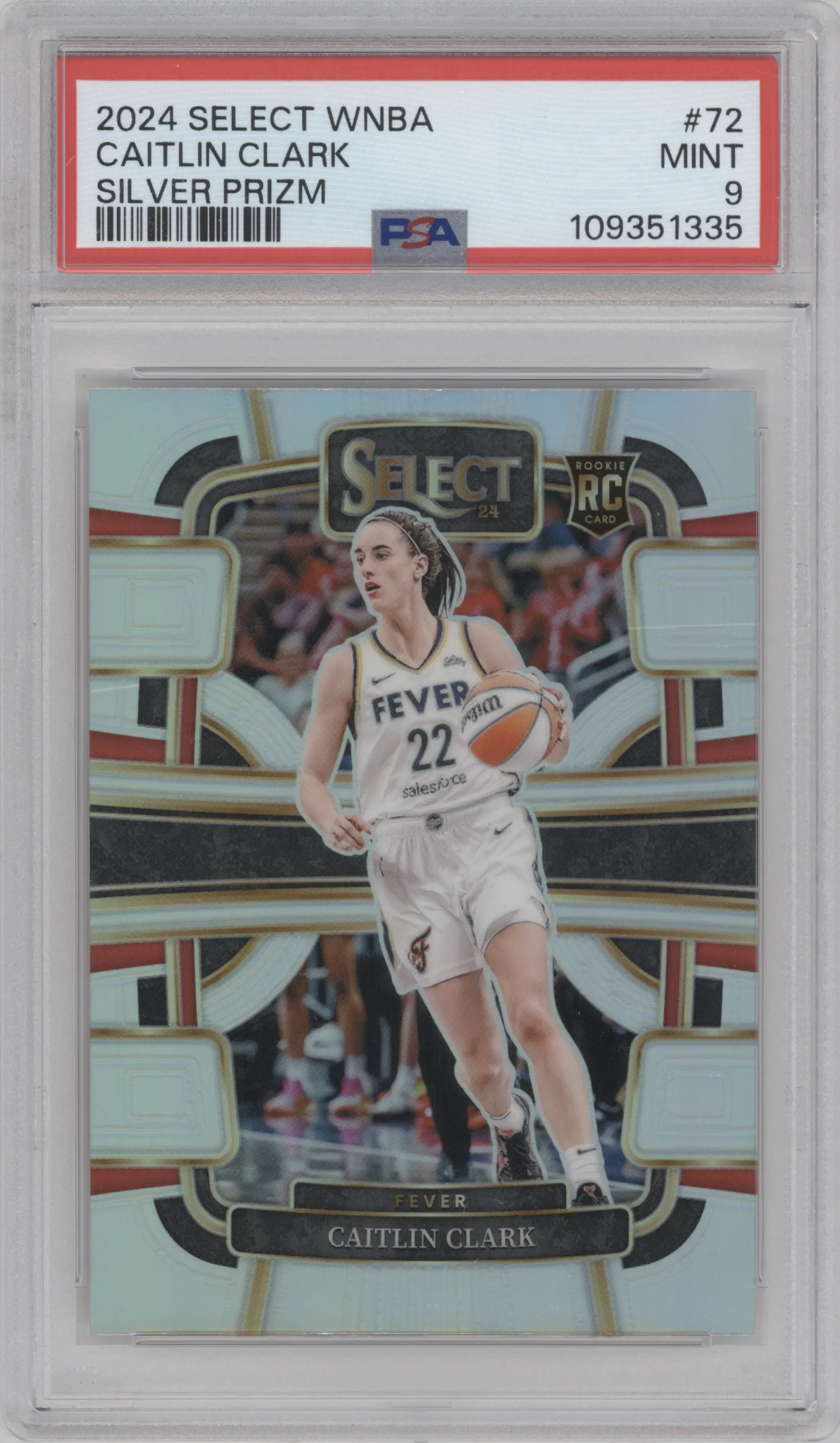 Caitlin Clark from the 2024 Panini Select WNBA set featuring a Silver Prizm parallel graded by PSA and given an overall grade of 9.