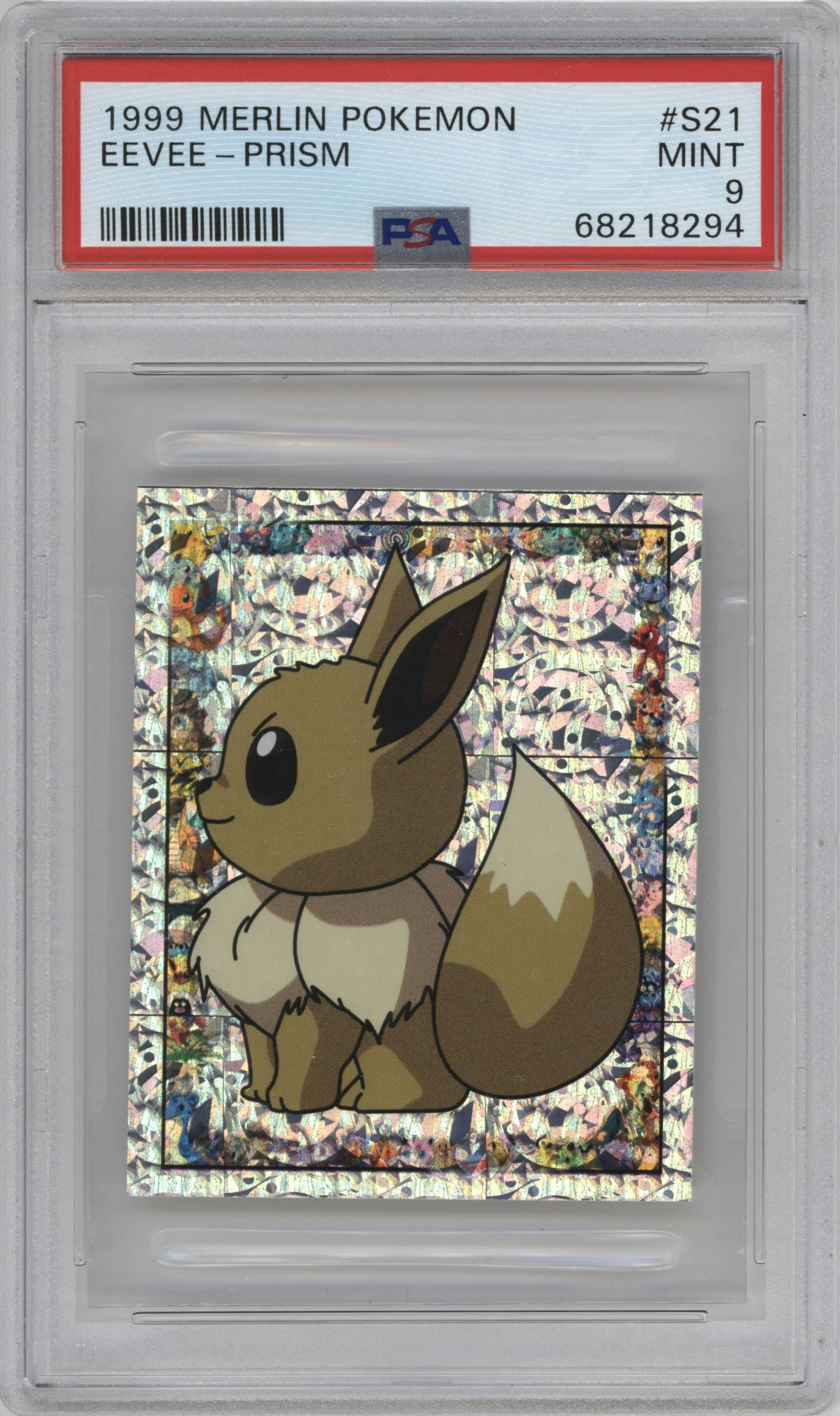 Eevee from the 1999 Pokemon Merlin set graded by PSA and given an overall grade of 9.