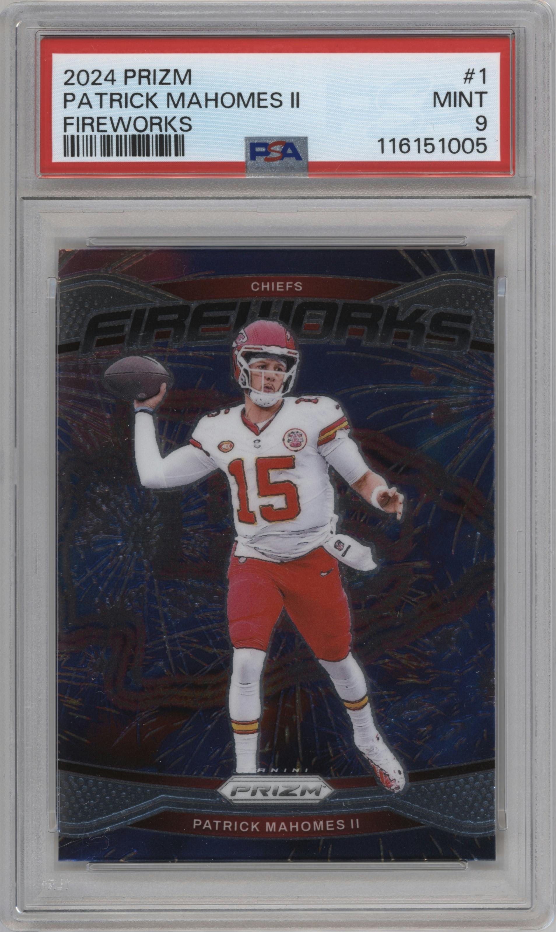 Patrick Mahomes II from the 2024 Panini Prizm set graded by PSA and given an overall grade of 9.