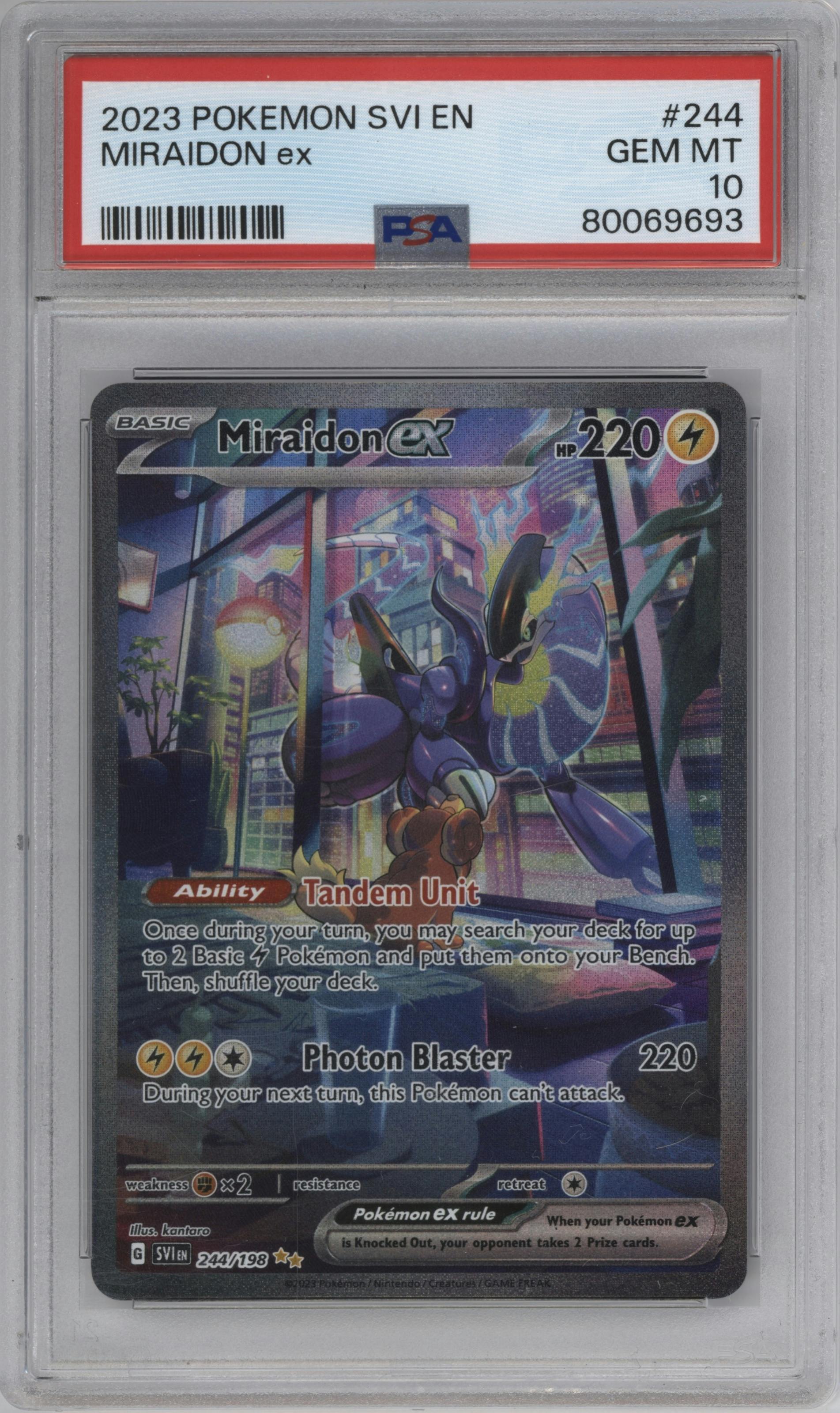 Miraidon ex from the 2023 Pokemon SV set graded by PSA and given an overall grade of 10.