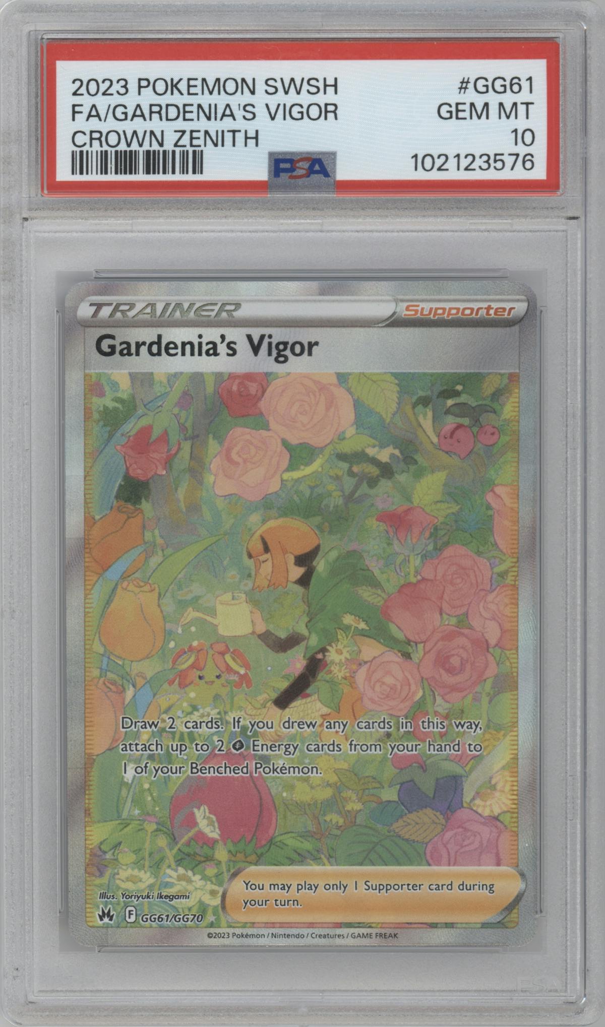 Gardenia's Vigor from the 2023 Pokemon SWSH set graded by PSA and given an overall grade of 10.