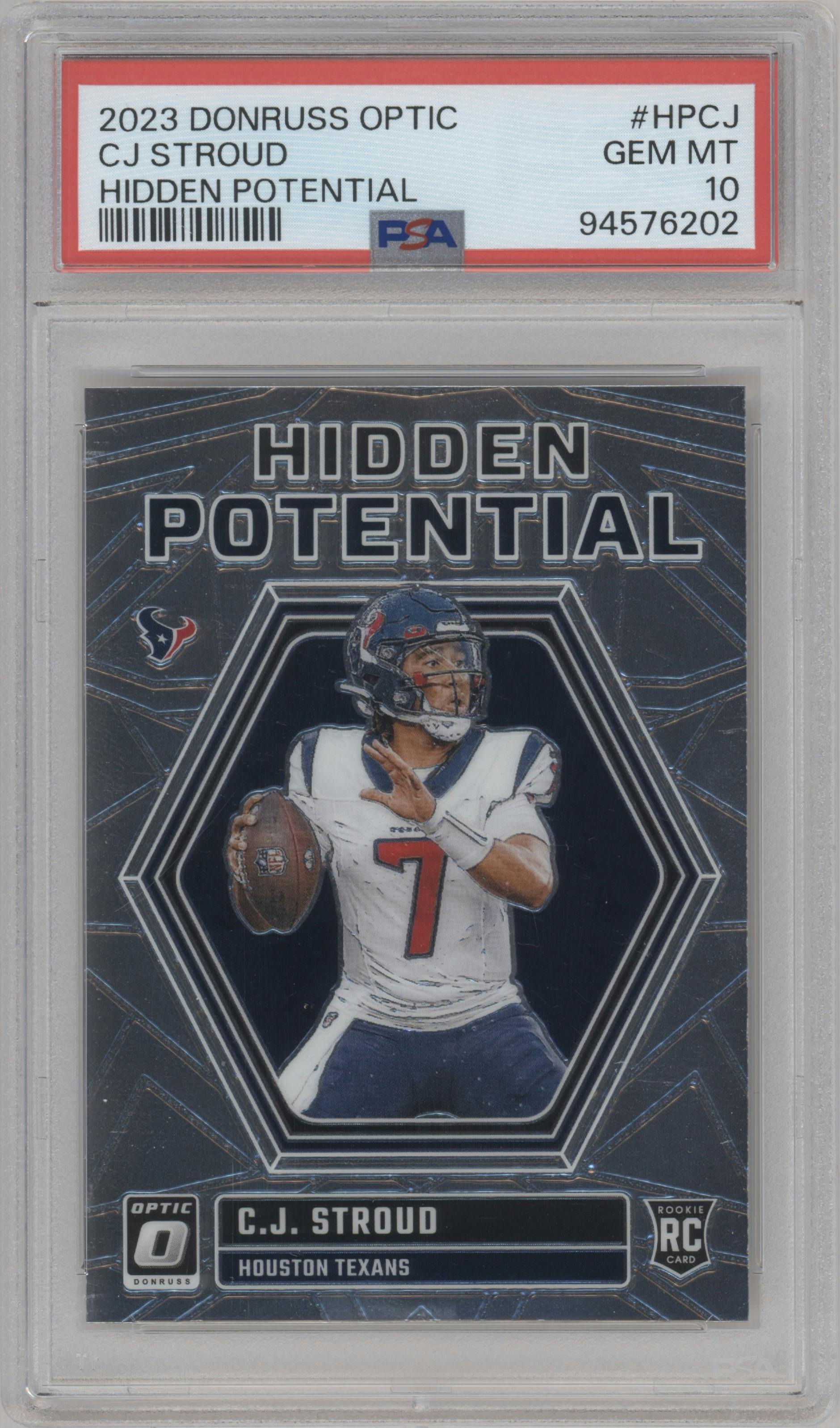 C.J. Stroud from the 2023 Donruss Optic set graded by PSA and given an overall grade of 10.