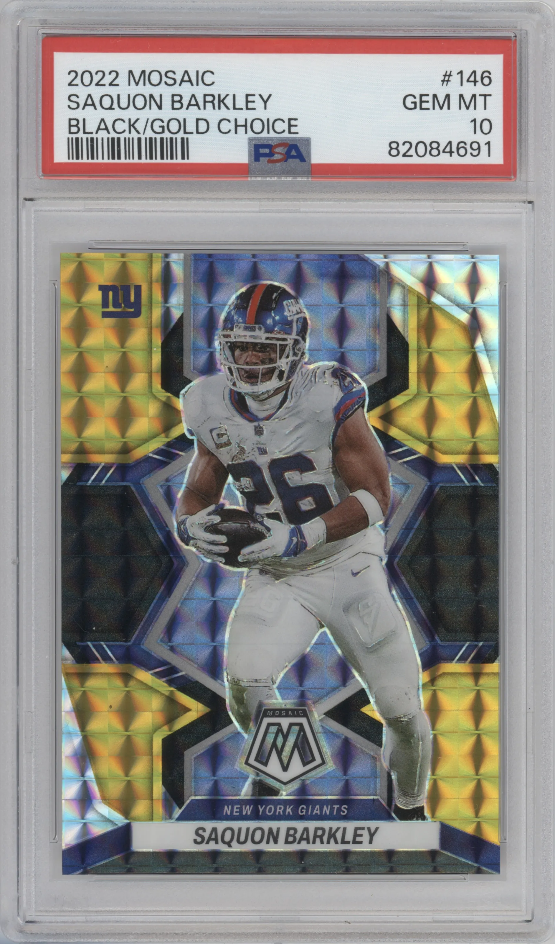 Saquon Barkley from the 2022 Panini Mosaic set featuring a Choice Black Gold parallel graded by PSA and given an overall grade of 10.