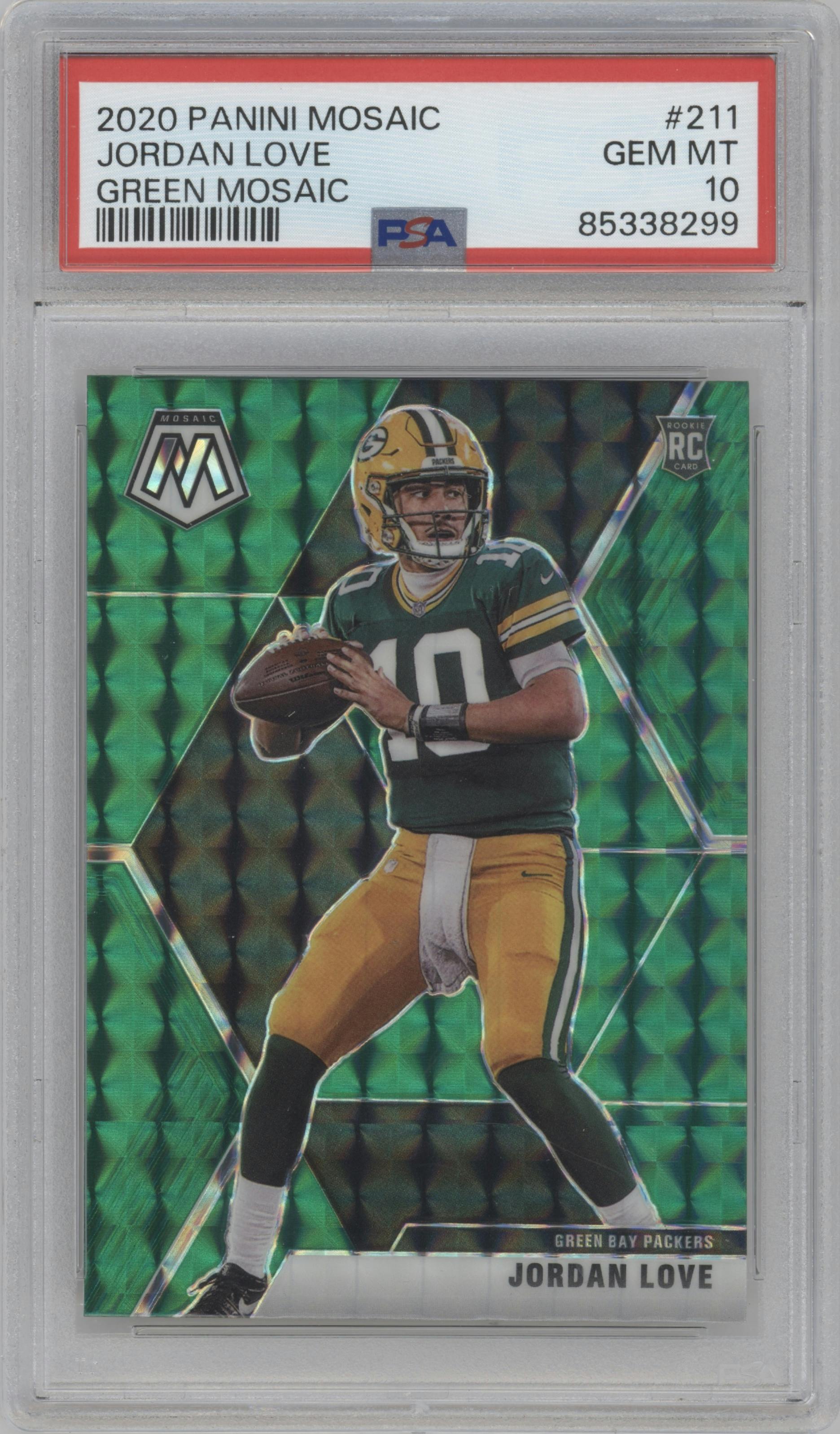 Jordan Love from the 2020 Panini Mosaic set featuring a Green Mosaic parallel graded by PSA and given an overall grade of 10.