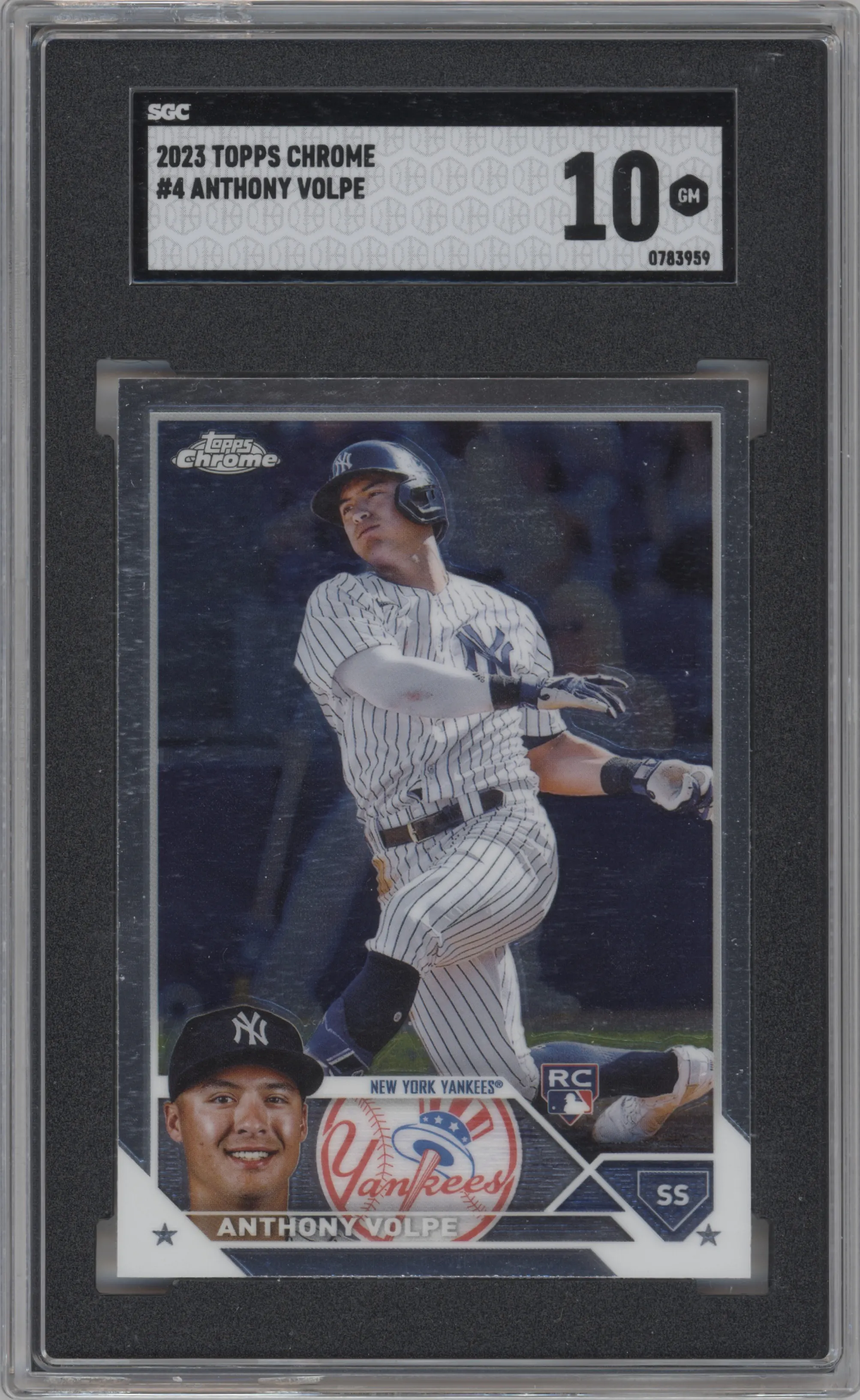 Anthony Volpe from the 2023 Topps Chrome set graded by SGC and given an overall grade of 10.