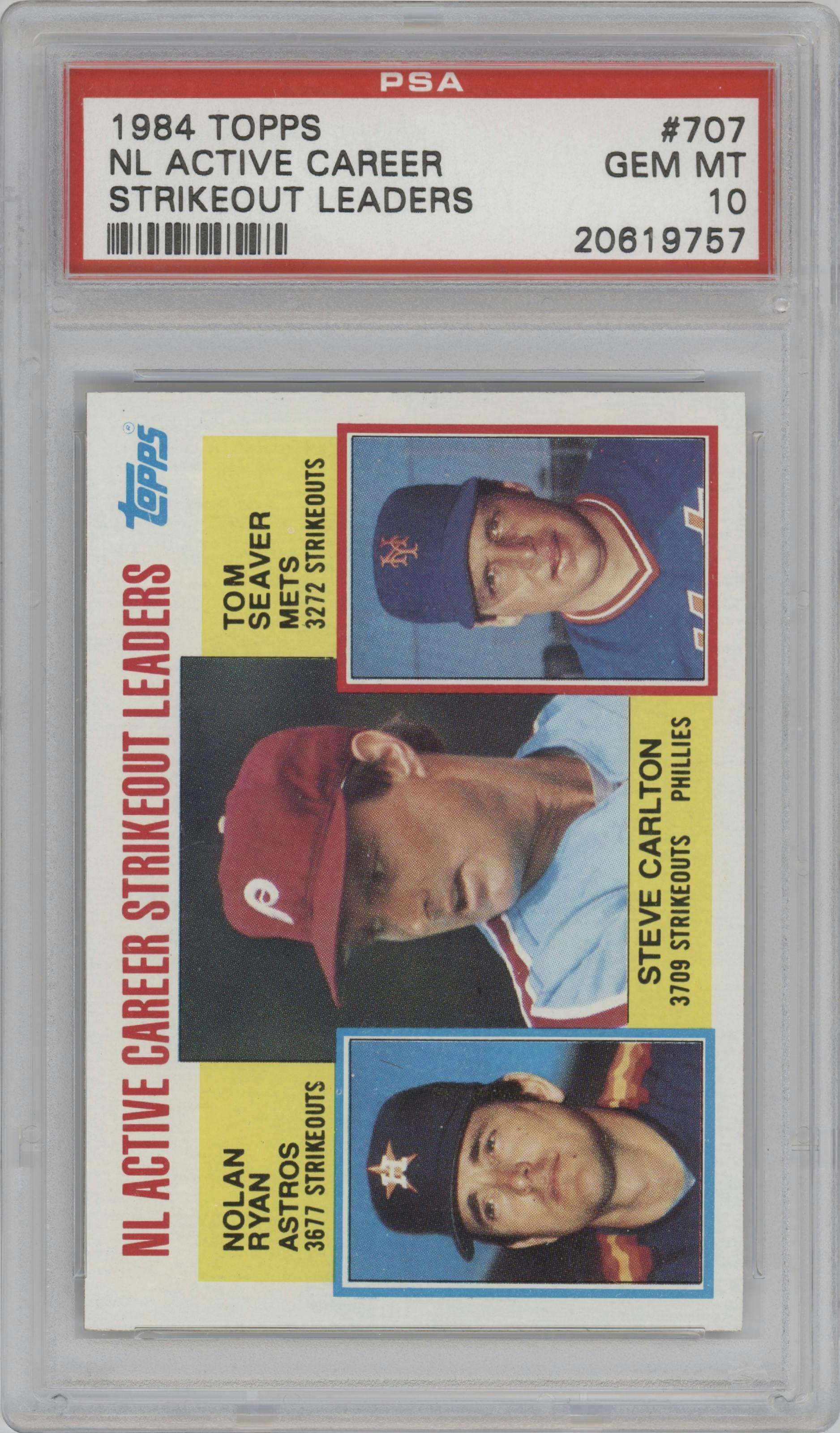 Nolan Ryan/Steve Carlton/Tom Seaver from the 1984 Topps set graded by PSA and given an overall grade of 10.