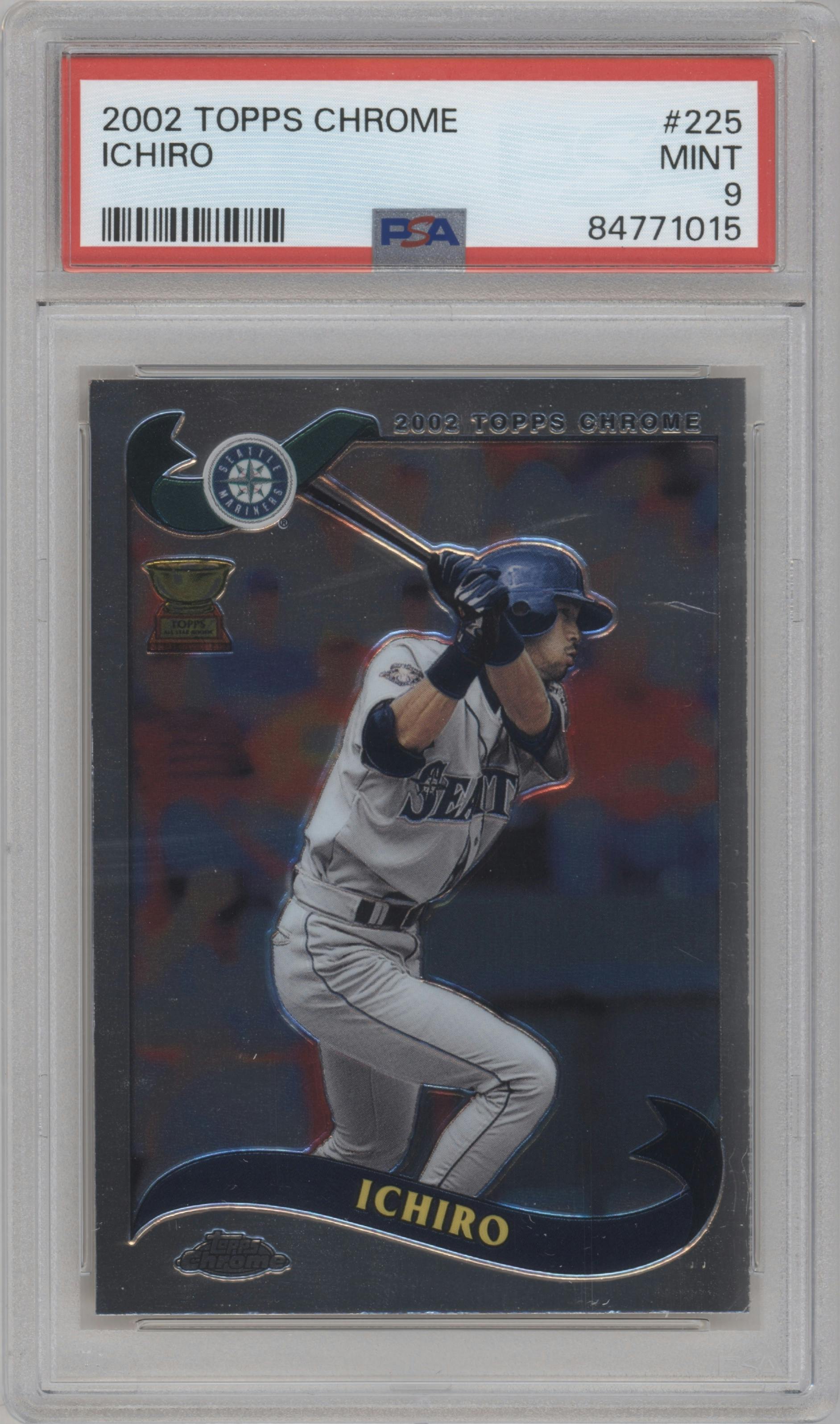 Ichiro from the 2002 Topps Chrome set graded by PSA and given an overall grade of 9.