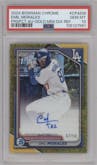 Emil Morales from the 2024 Bowman Chrome set featuring a Gold Mini Diamond Refractor parallel graded by PSA and given an overall grade of 10.