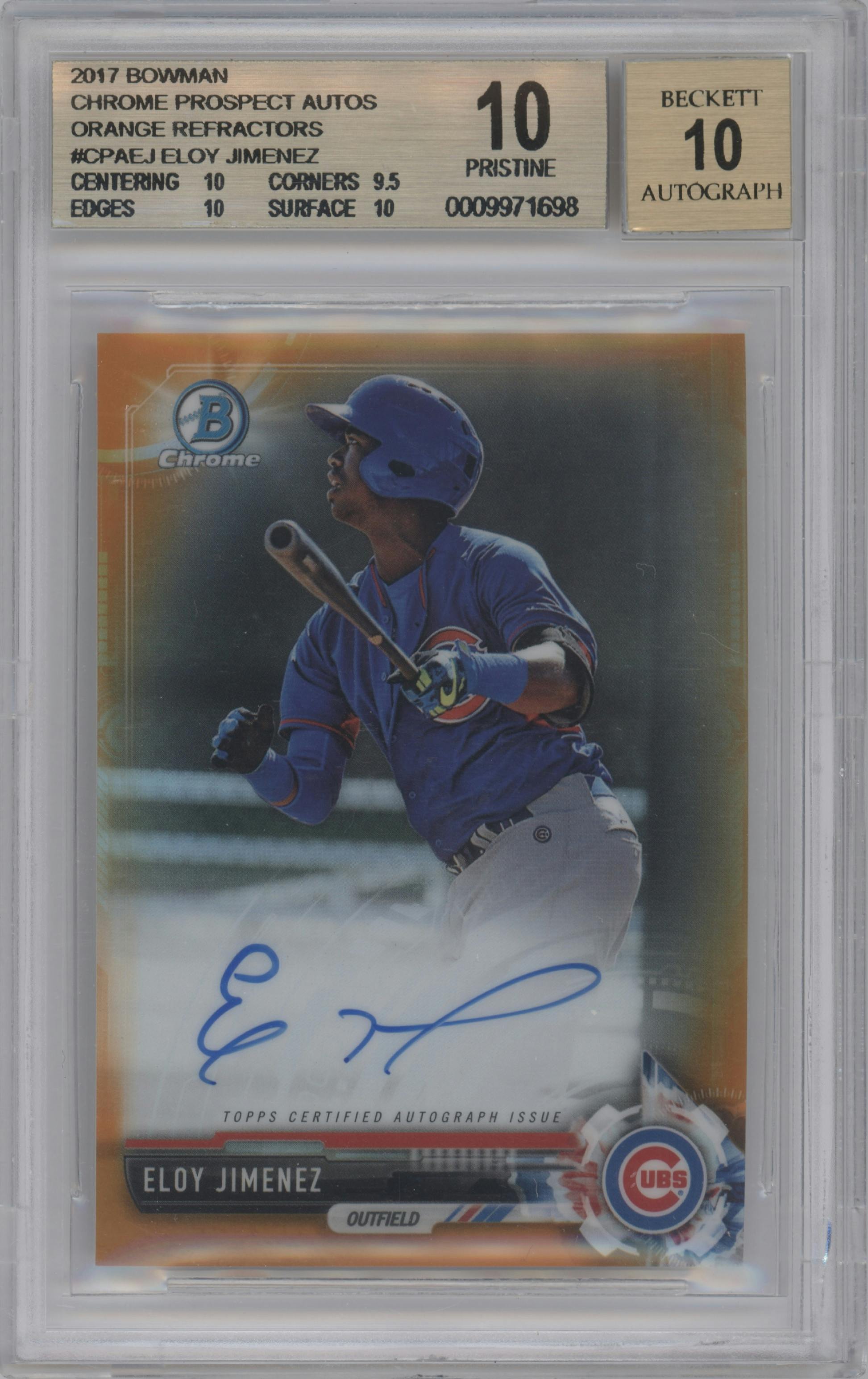 Eloy Jimenez from the 2017 Bowman set featuring a Orange Refractor parallel graded by Beckett and given an overall grade of 10.
