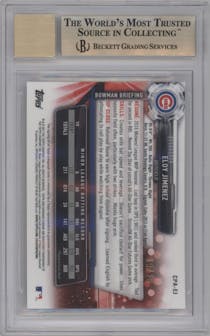 Eloy Jimenez from the 2017 Bowman set featuring a Orange Refractor parallel graded by Beckett and given an overall grade of 10.