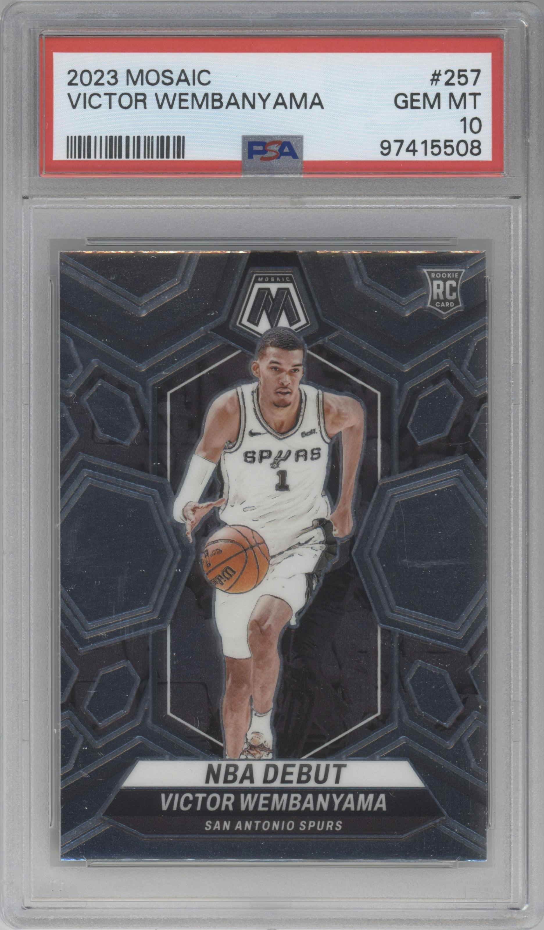 Victor Wembanyama from the 2023-24 Panini Mosaic set graded by PSA and given an overall grade of 10.