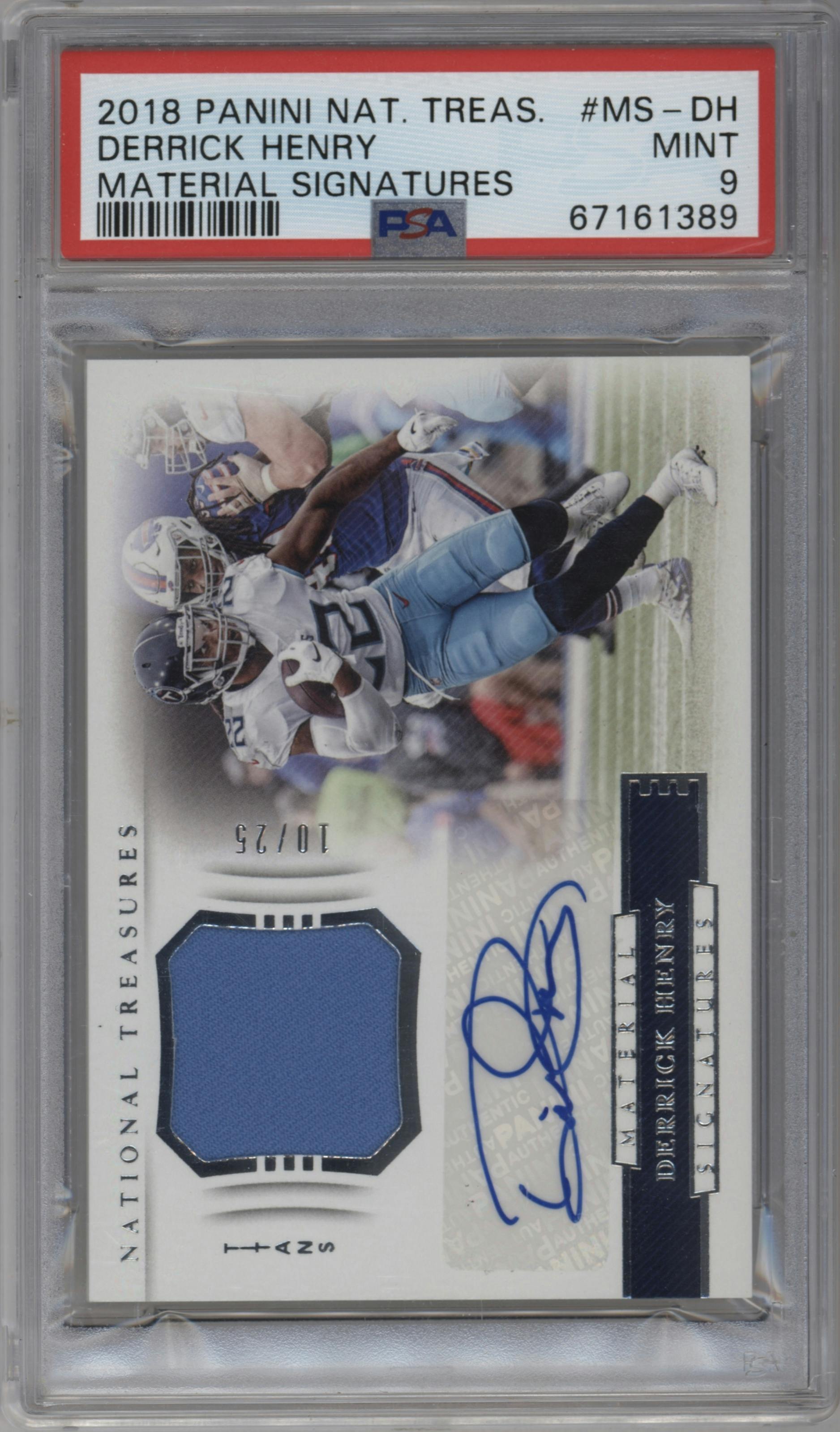 Derrick Henry from the 2018 Panini National Treasures set graded by PSA and given an overall grade of 9.