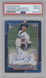 Yoshinobu Yamamoto from the 2024 Bowman set featuring a Blue Refractor parallel graded by PSA and given an overall grade of 10.