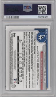 Yoshinobu Yamamoto from the 2024 Bowman set featuring a Blue Refractor parallel graded by PSA and given an overall grade of 10.