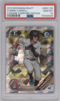 Corbin Carroll from the 2019 Bowman Draft Sapphire Edition set graded by PSA and given an overall grade of 10.