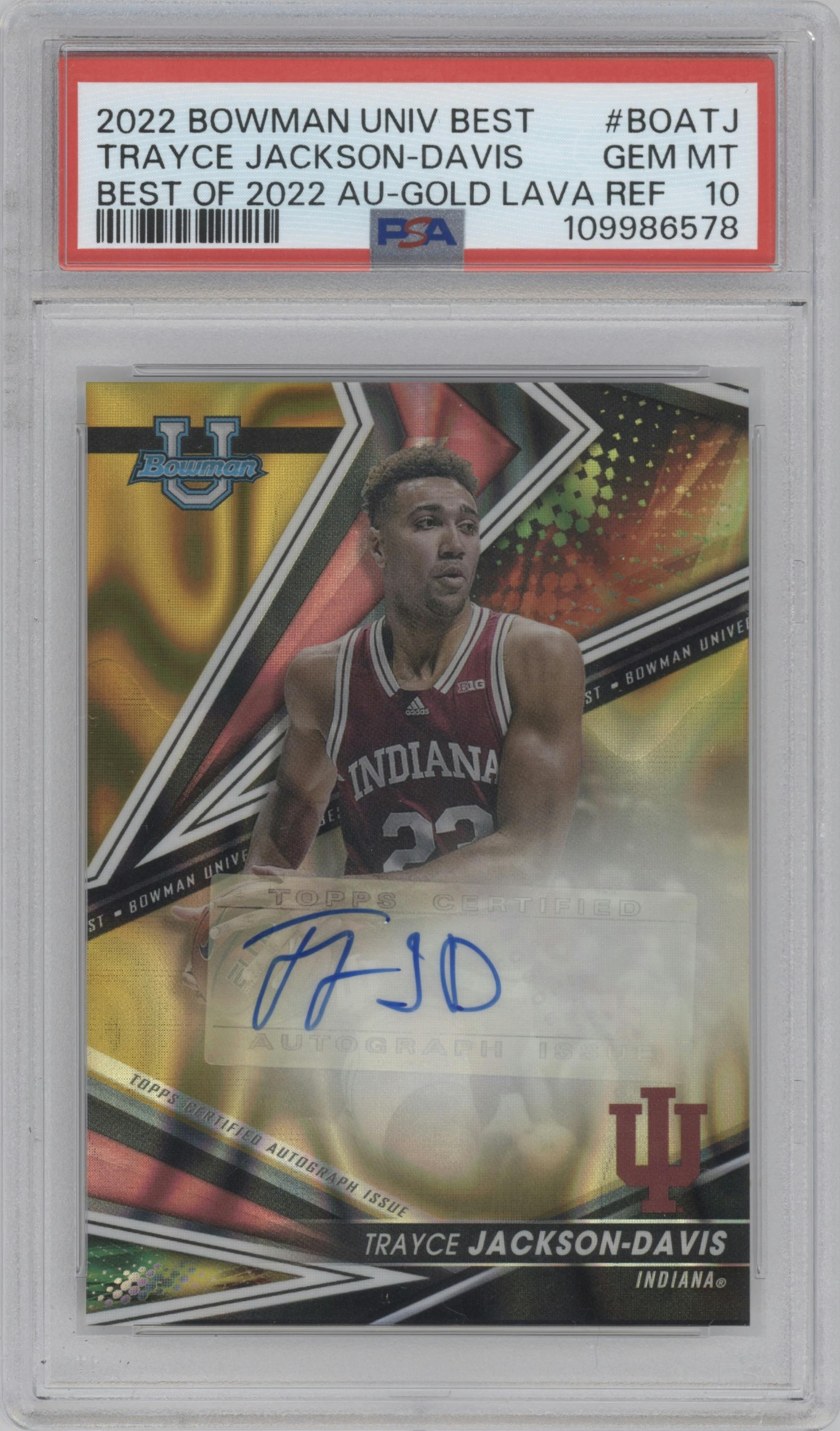 Trayce Jackson-Davis from the 2022-23 Bowman University Best set featuring a Gold Lava Refractor parallel graded by PSA and given an overall grade of 10.