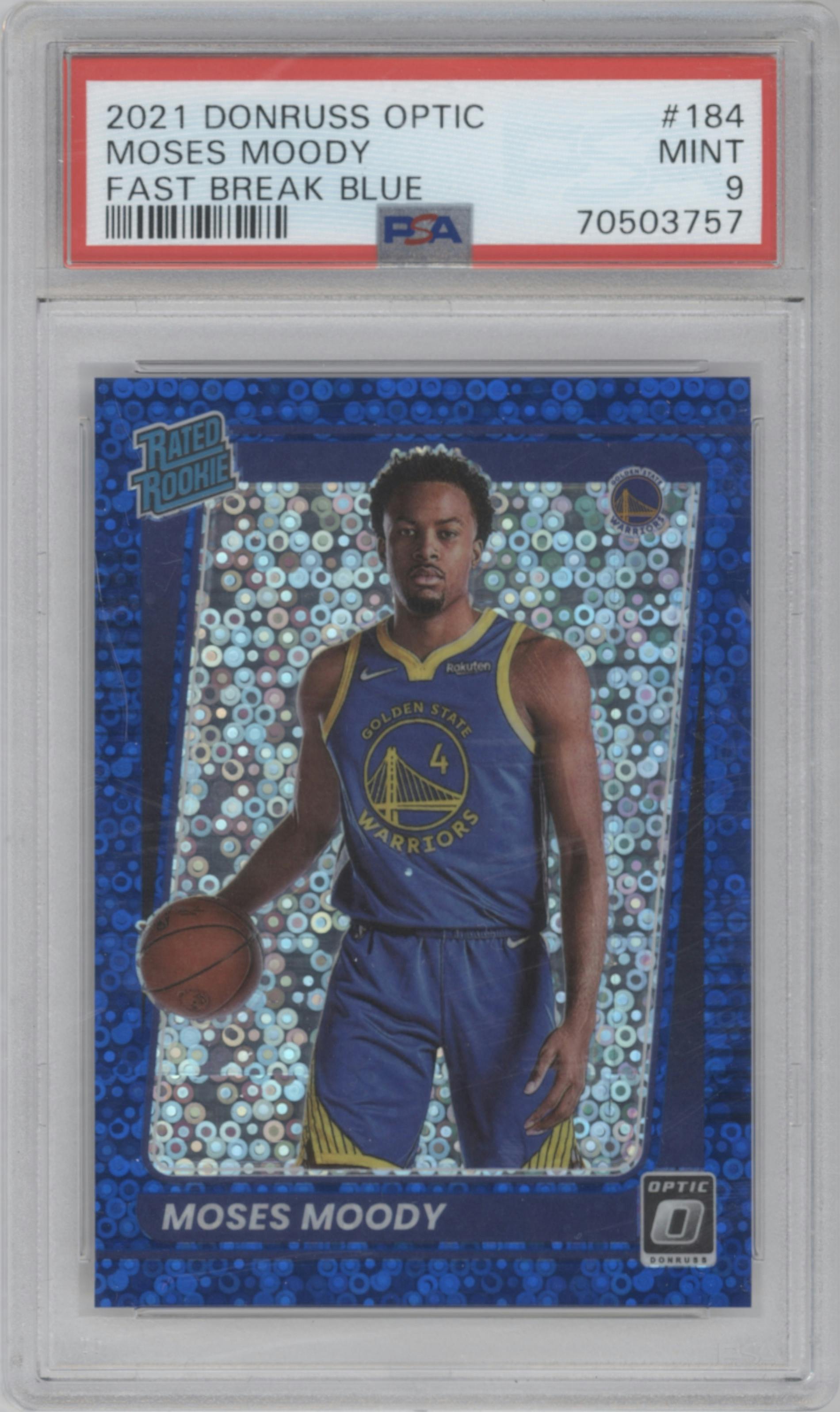 Moses Moody from the 2021-22 Panini Donruss Optic set featuring a Fast Break Blue parallel graded by PSA and given an overall grade of 9.