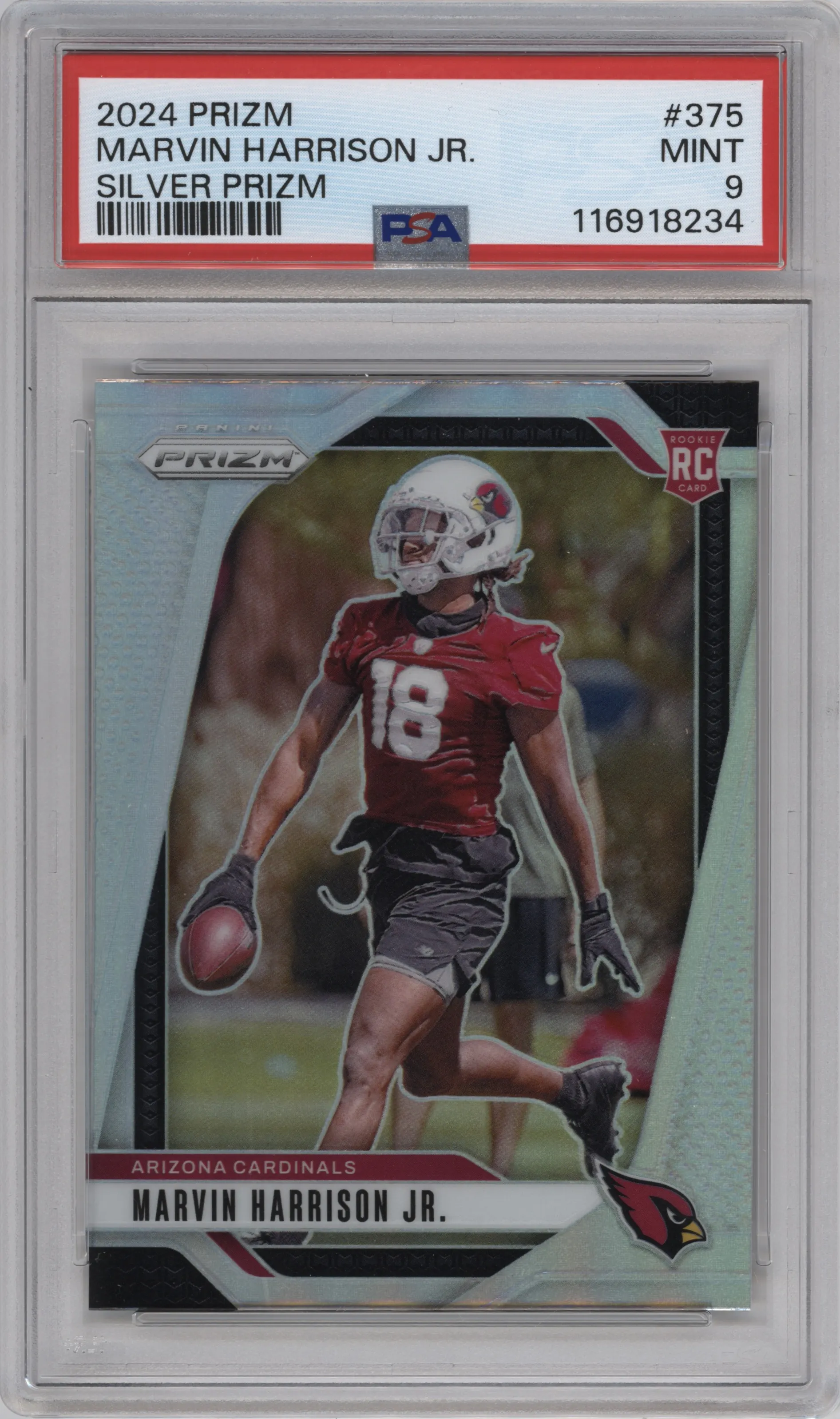 Marvin Harrison Jr. from the 2024 Panini Prizm set featuring a Silver Prizm parallel graded by PSA and given an overall grade of 9.