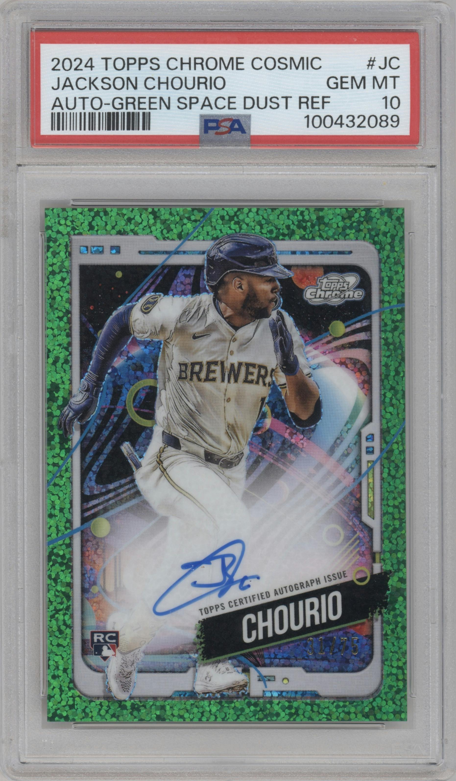 Jackson Chourio from the 2024 Topps Cosmic Chrome set featuring a Green Space Dust Refractor parallel graded by PSA and given an overall grade of 10.