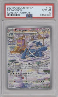 Metagross from the 2024 Pokemon SV set graded by PSA and given an overall grade of 10.