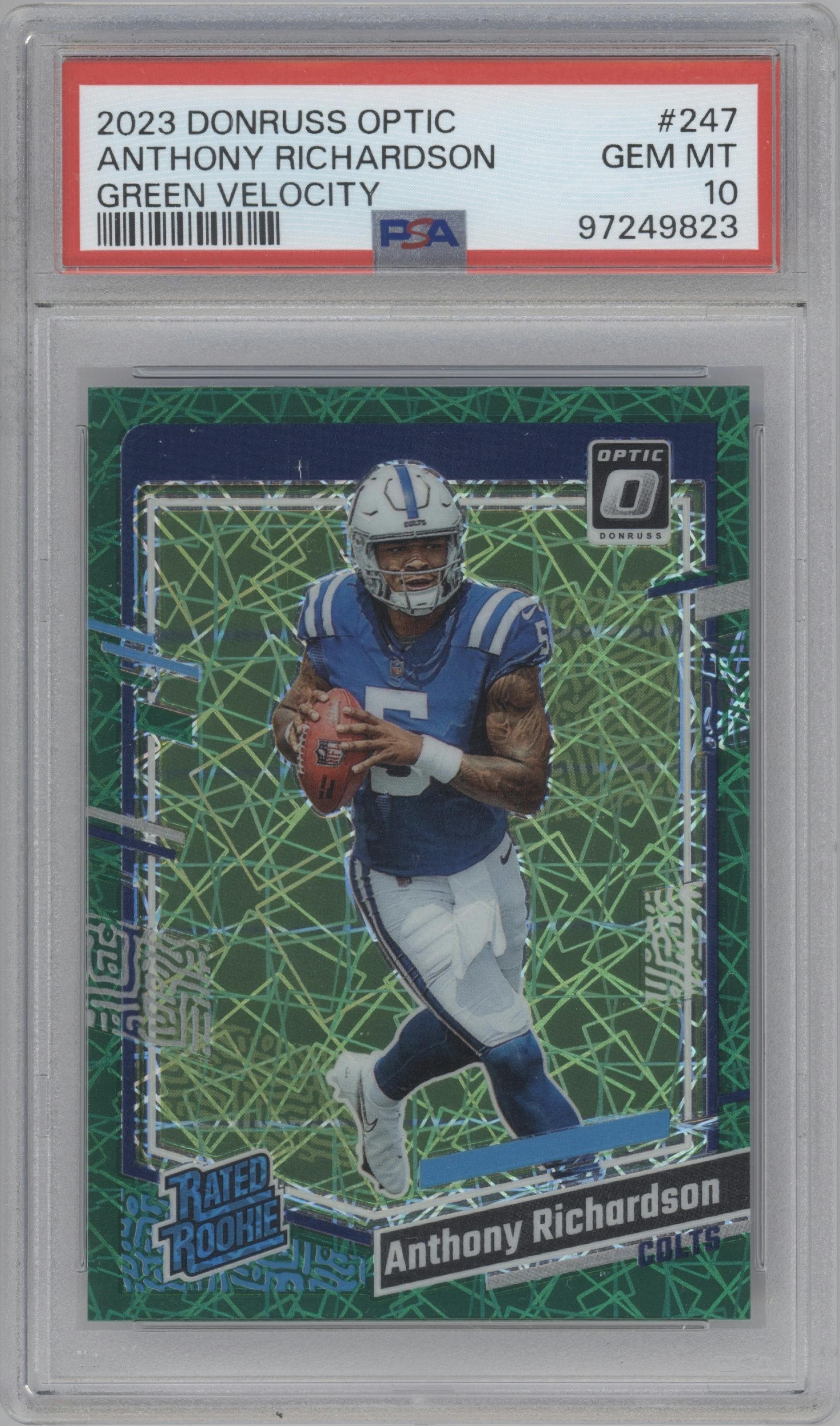 Anthony Richardson from the 2023 Donruss Optic set featuring a Green Velocity parallel graded by PSA and given an overall grade of 10.