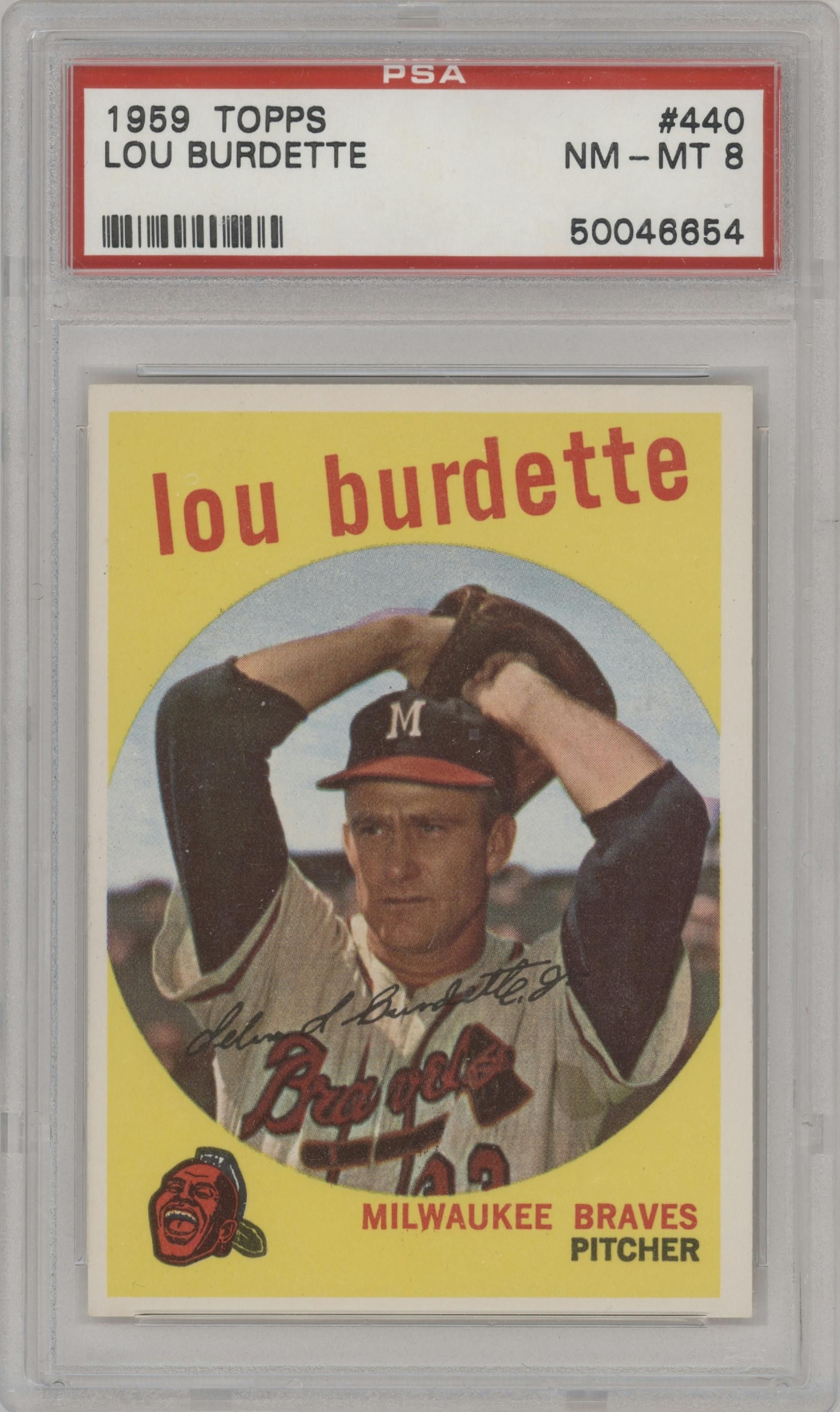 Lou Burdette from the 1959 Topps set graded by PSA and given an overall grade of 8.