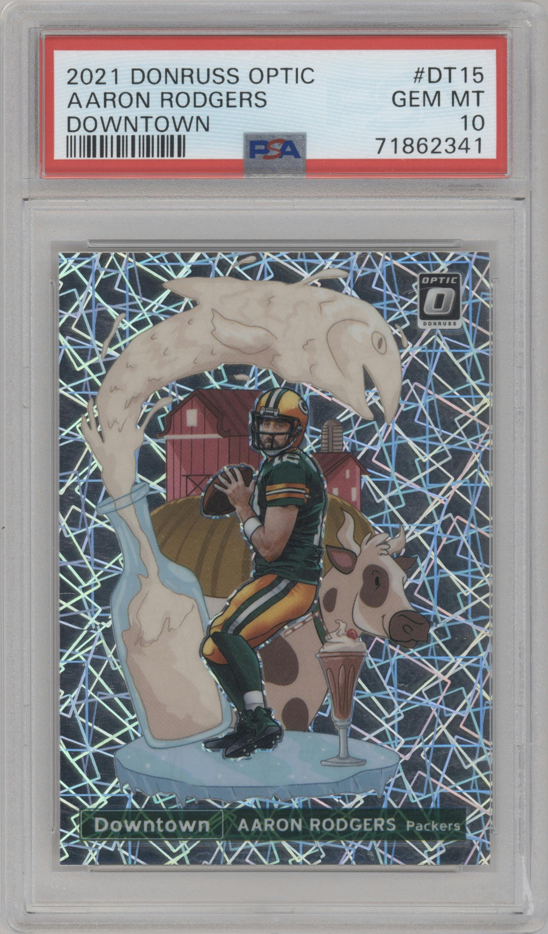 Aaron Rodgers from the 2021 Panini Donruss Optic set graded by PSA and given an overall grade of 10.