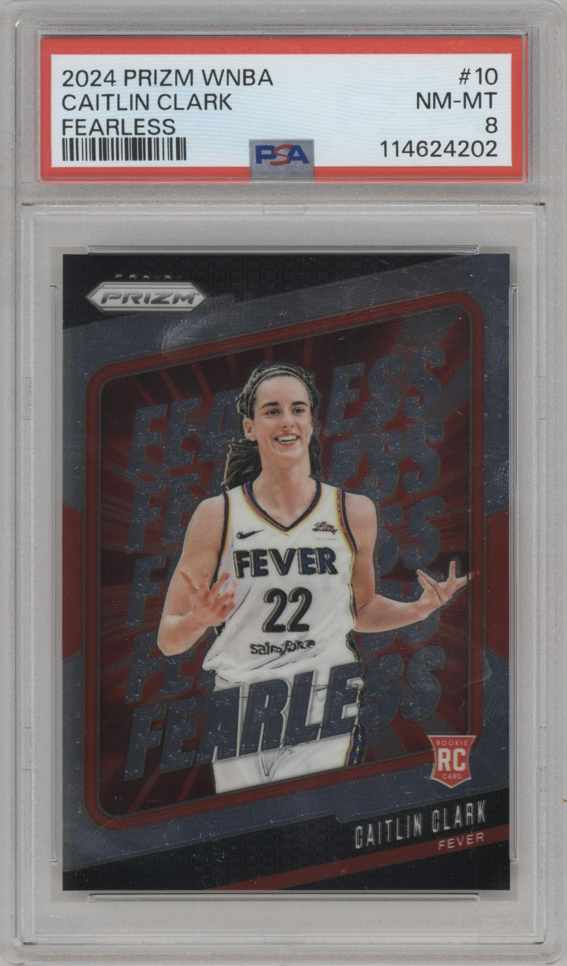 Caitlin Clark from the 2024 Panini Prizm WNBA set graded by PSA and given an overall grade of 8.
