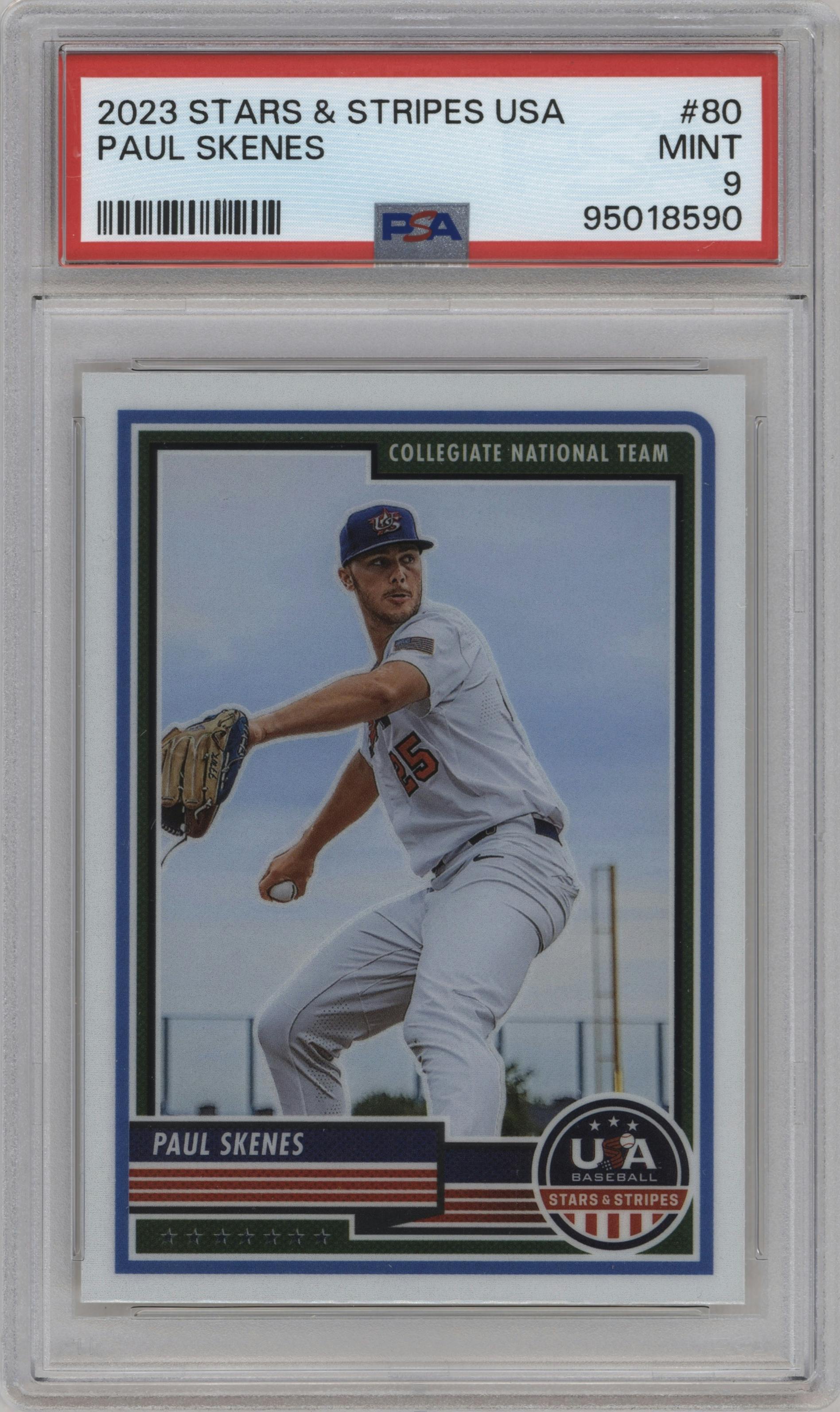 Paul Skenes from the 2023 Panini Stars & Stripes USA set graded by PSA and given an overall grade of 9.