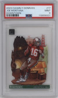 Joe Montana from the 2023 Clearly Donruss set graded by PSA and given an overall grade of 9.