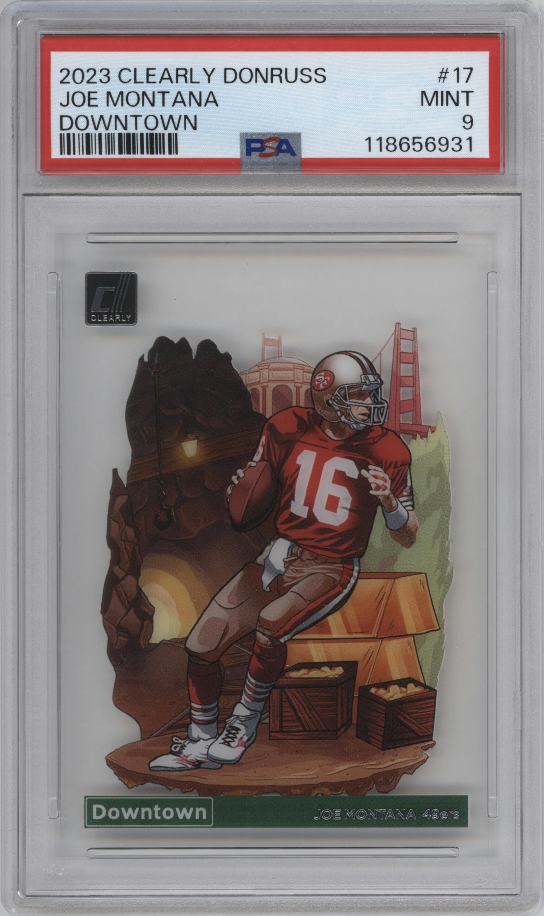 Joe Montana from the 2023 Clearly Donruss set graded by PSA and given an overall grade of 9.