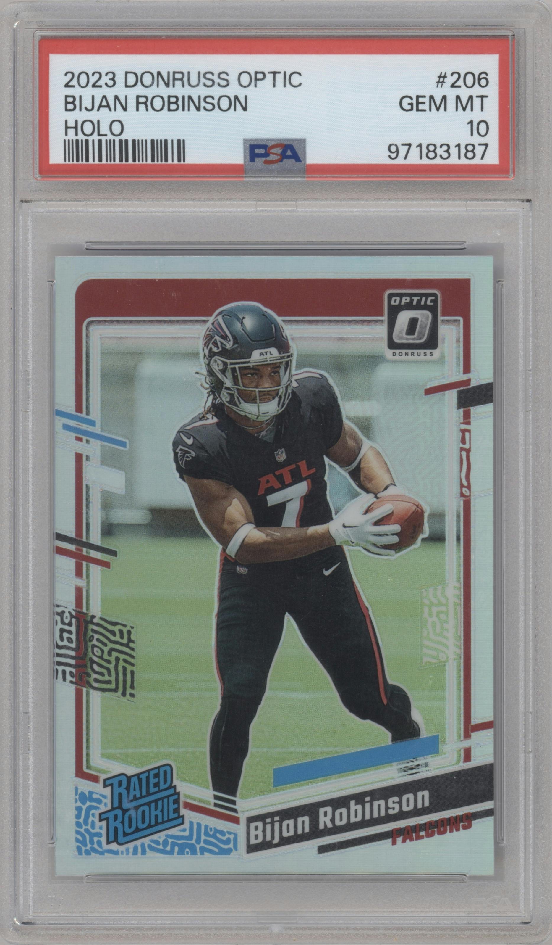 Bijan Robinson from the 2023 Donruss Optic set featuring a Holo parallel graded by PSA and given an overall grade of 10.