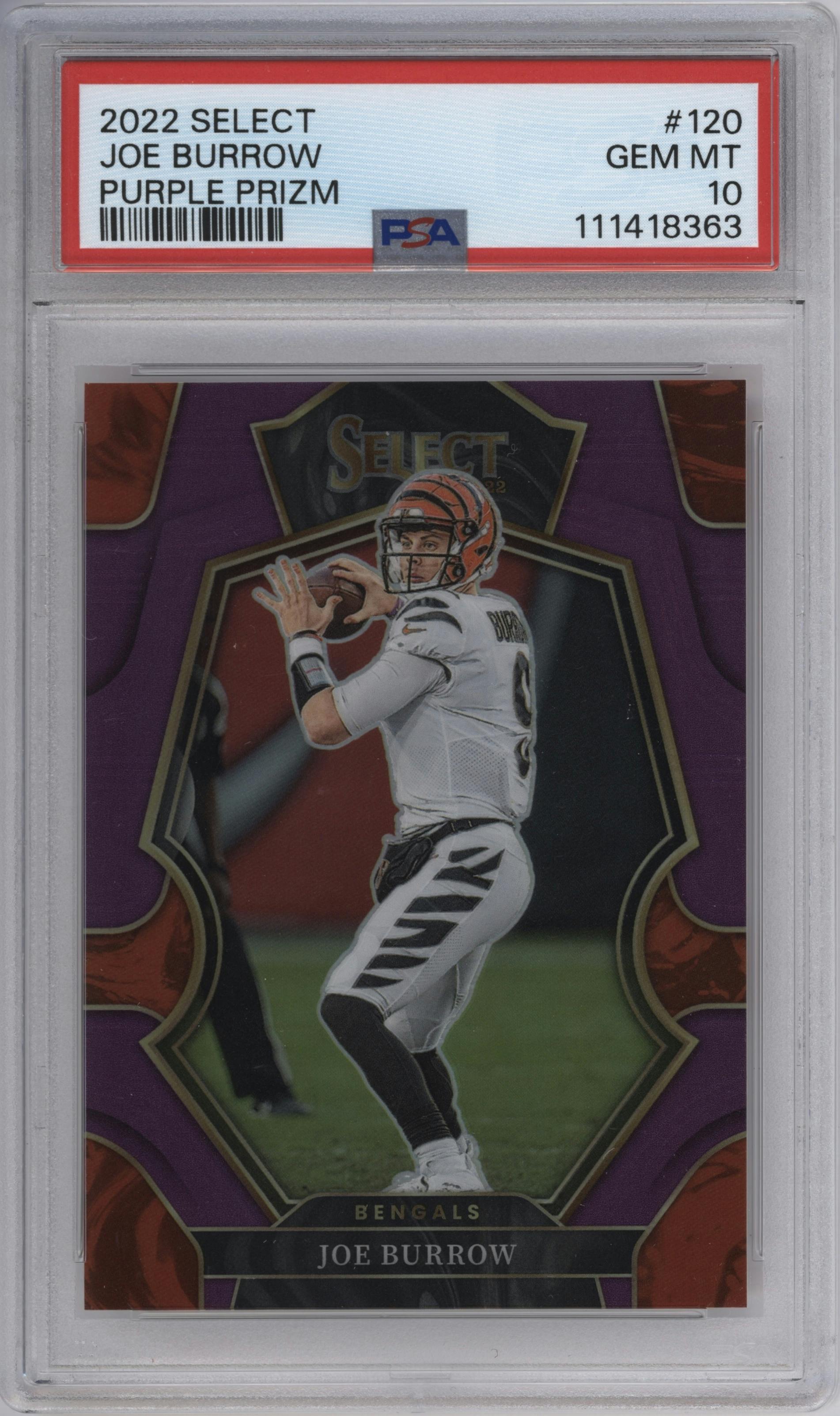 Joe Burrow from the 2022 Panini Select set featuring a Purple Prizm parallel graded by PSA and given an overall grade of 10.